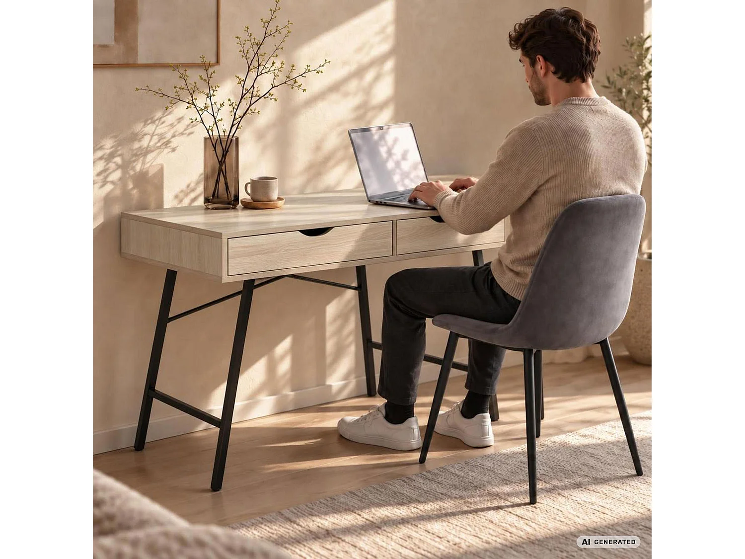 Schreibtisch RAX Sonoma Eiche 100 cm 2 Schubladen schwarze Beine Industrial-Stil B100xH80,5xT48 cm
