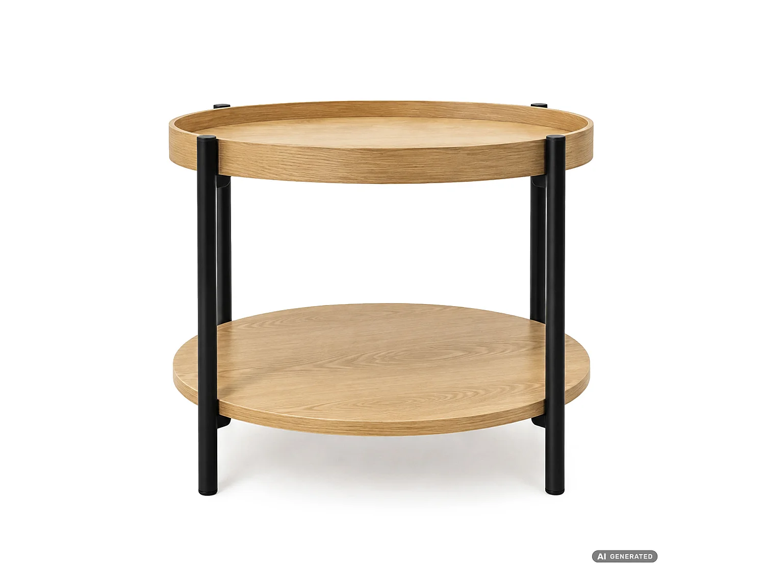 Mesa de centro RIVA efeito madeira natural, redonda com prateleira, pernas pretas estilo industrial, 51x51x40 cm