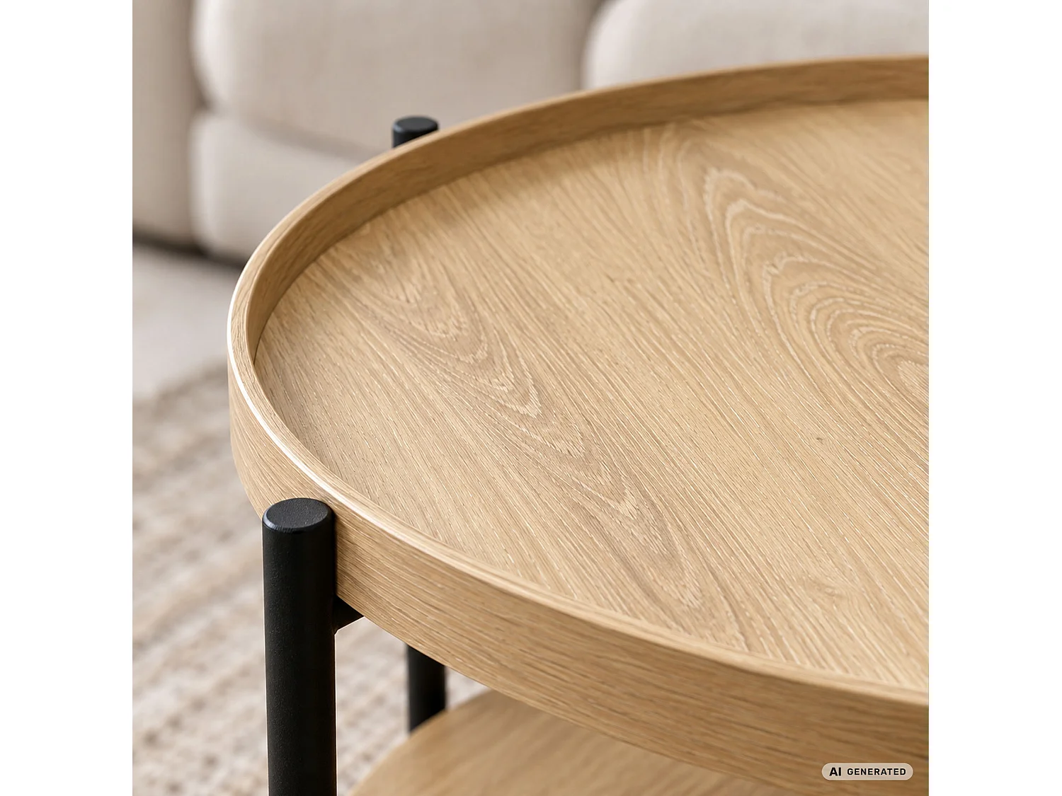 Mesa de centro RIVA efeito madeira natural, redonda com prateleira, pernas pretas estilo industrial, 51x51x40 cm