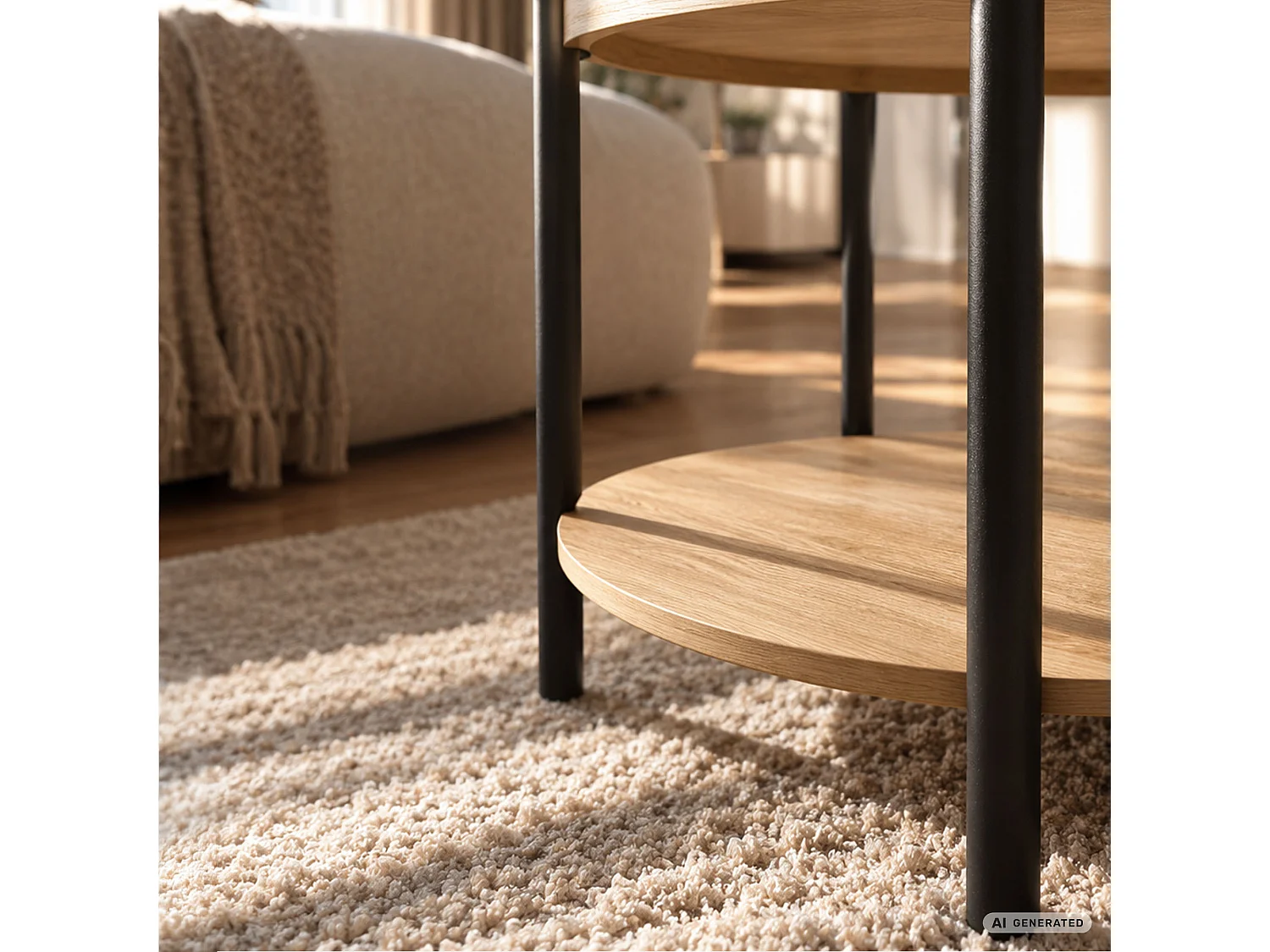 Mesa de centro RIVA efeito madeira natural, redonda com prateleira, pernas pretas estilo industrial, 51x51x40 cm