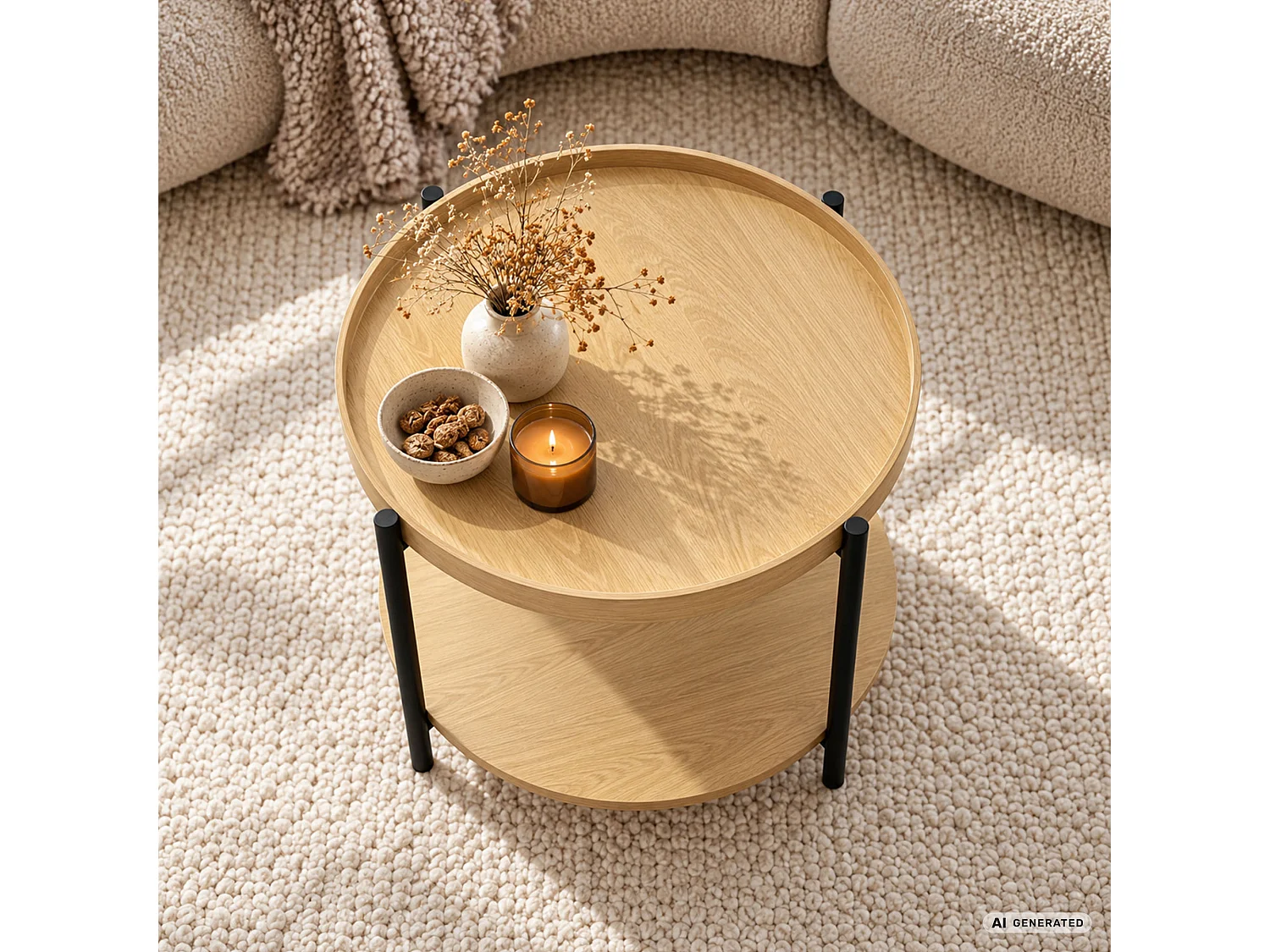 Mesa de centro RIVA efeito madeira natural, redonda com prateleira, pernas pretas estilo industrial, 51x51x40 cm