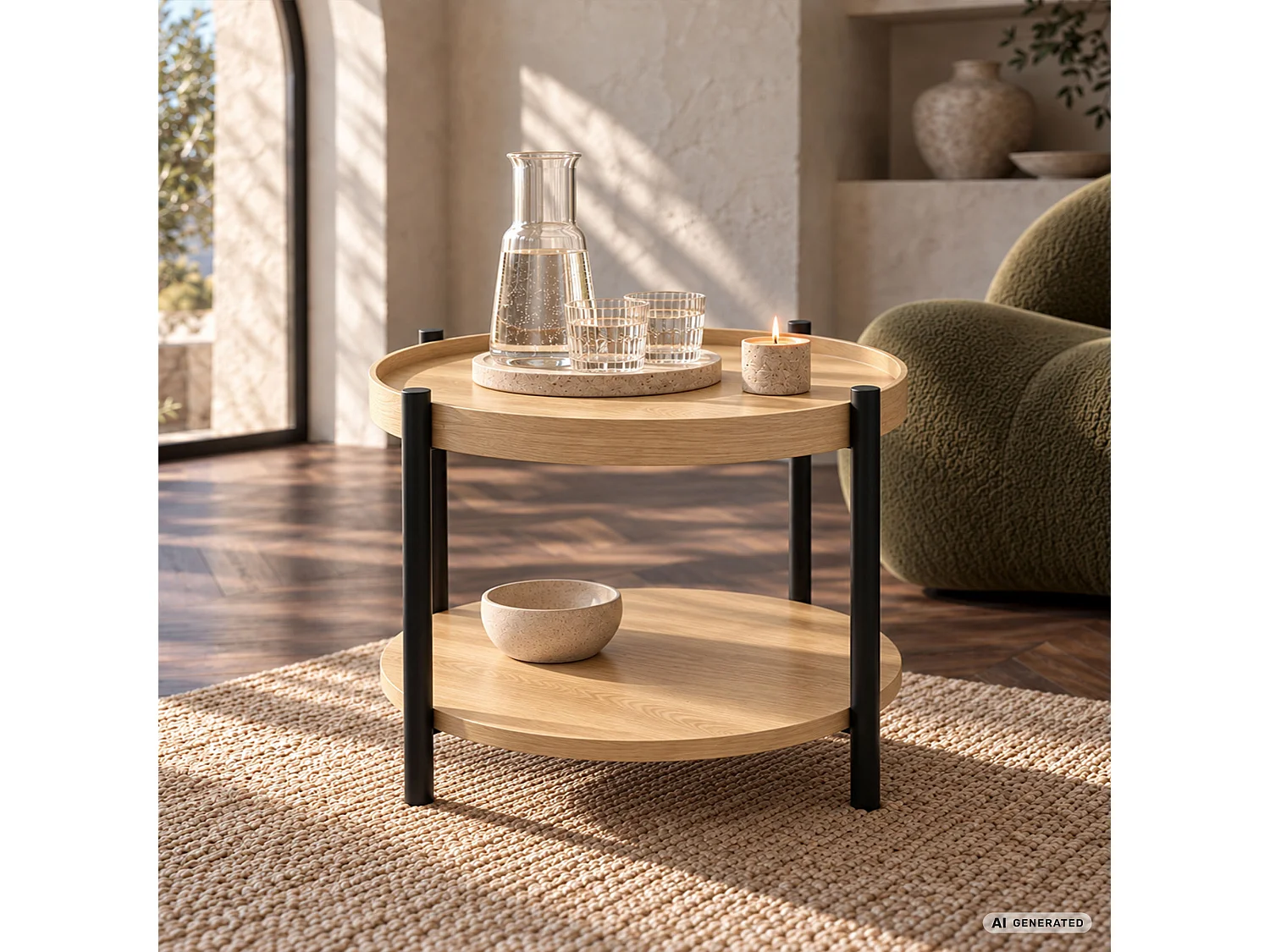 Mesa de centro RIVA efeito madeira natural, redonda com prateleira, pernas pretas estilo industrial, 51x51x40 cm