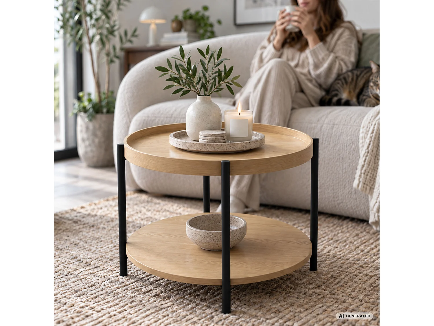 Mesa de centro RIVA efeito madeira natural, redonda com prateleira, pernas pretas estilo industrial, 51x51x40 cm