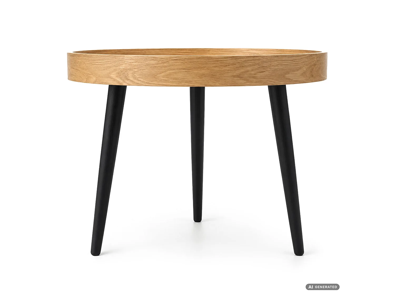 Mesa de centro PICCO efeito madeira natural, redonda com rebordo elevado, pernas pretas estilo industrial, 40x40x40 cm