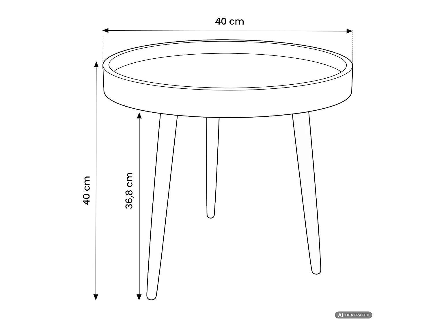 Mesa de centro PICCO efeito madeira natural, redonda com rebordo elevado, pernas pretas estilo industrial, 40x40x40 cm