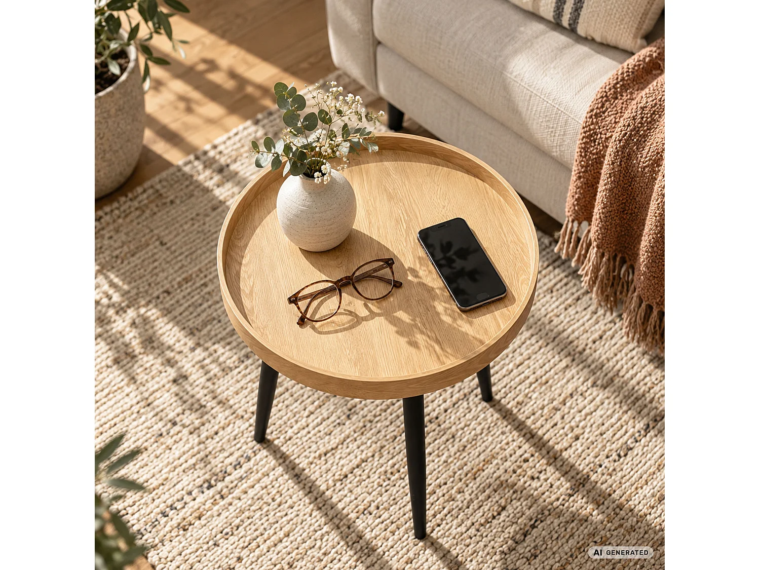 Mesa de centro PICCO efeito madeira natural, redonda com rebordo elevado, pernas pretas estilo industrial, 40x40x40 cm