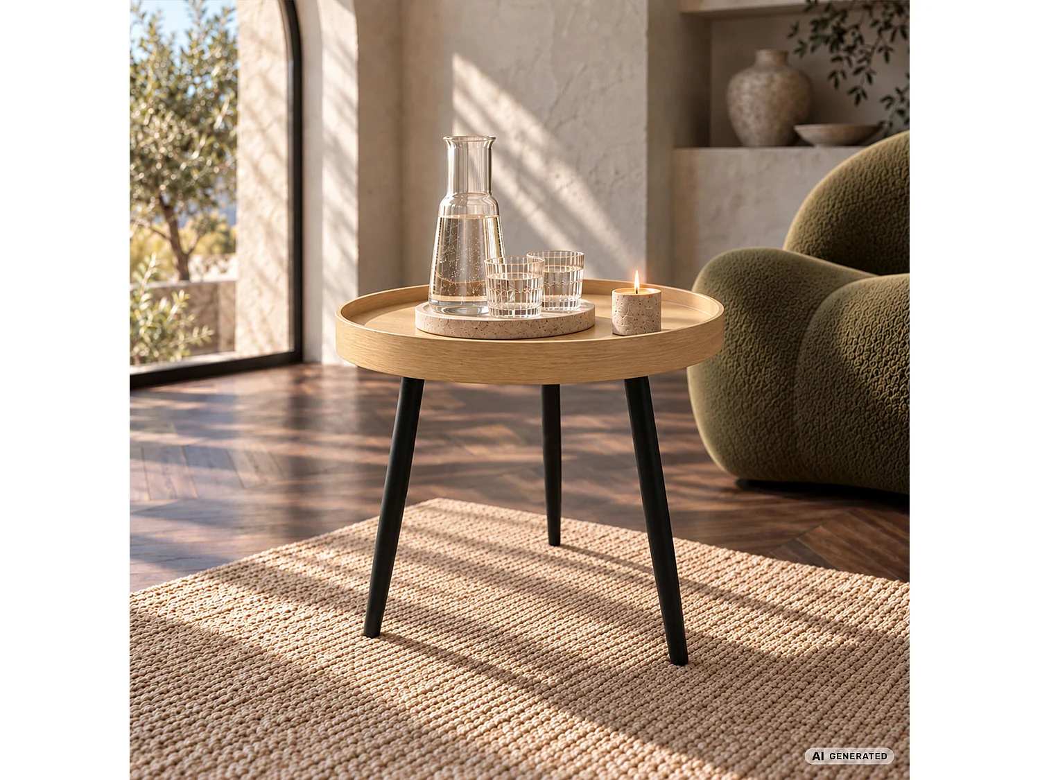 Mesa de centro PICCO efeito madeira natural, redonda com rebordo elevado, pernas pretas estilo industrial, 40x40x40 cm
