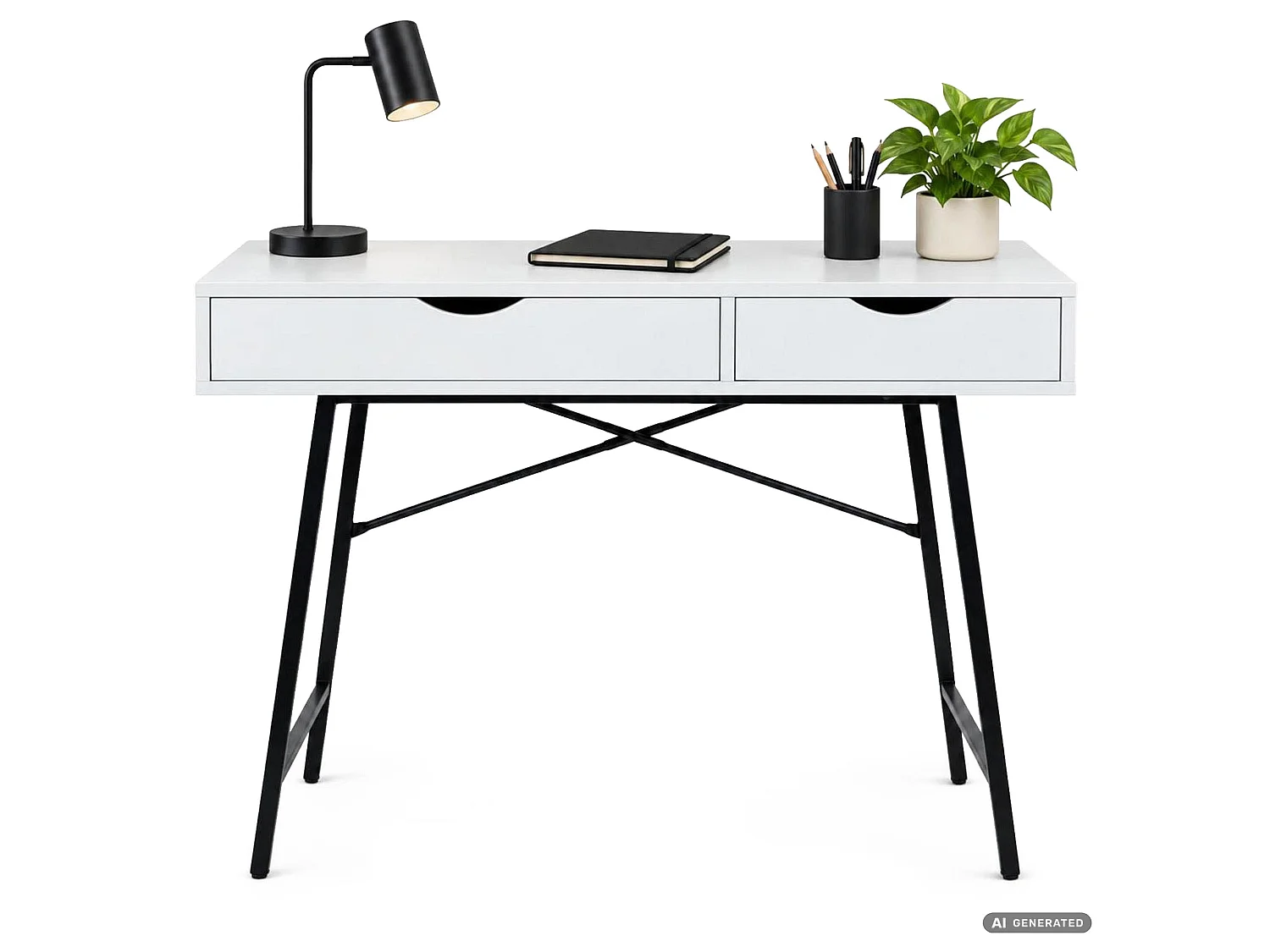 Scrivania per computer RAX bianca, 2 cassetti, gambe nere stile industriale, 100x48x80,5 cm