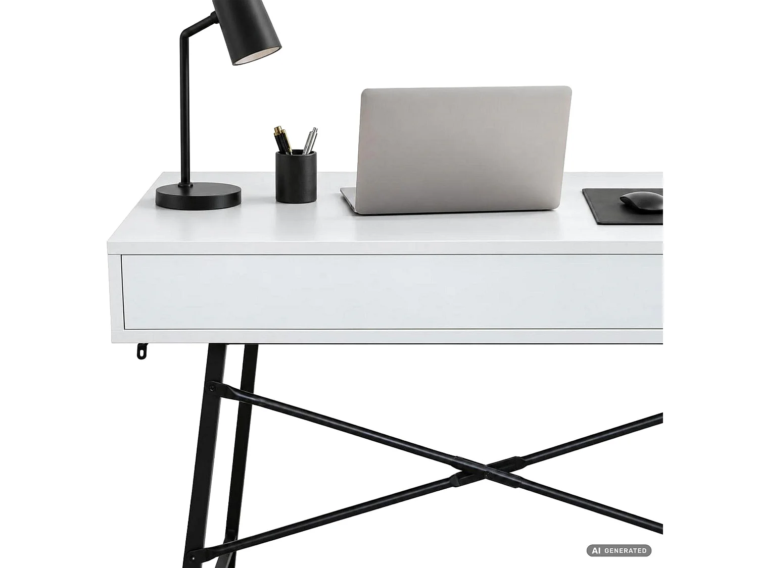 Scrivania per computer RAX bianca, 2 cassetti, gambe nere stile industriale, 100x48x80,5 cm