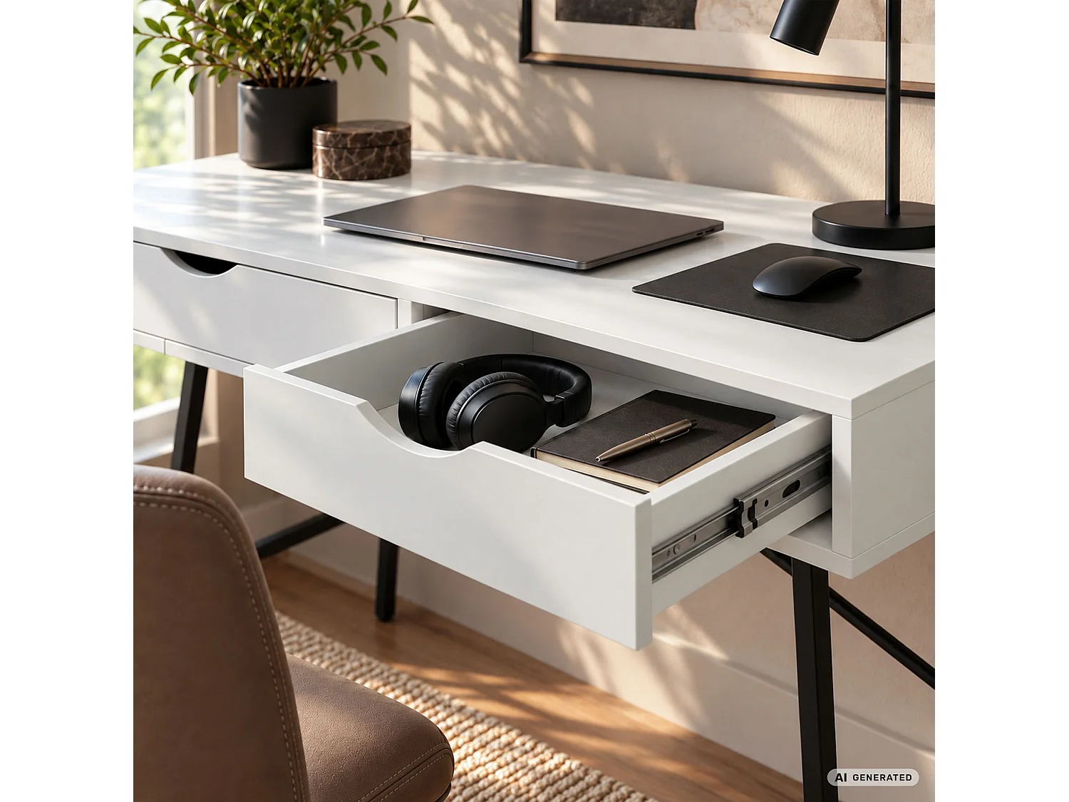 Scrivania per computer RAX bianca, 2 cassetti, gambe nere stile industriale, 100x48x80,5 cm