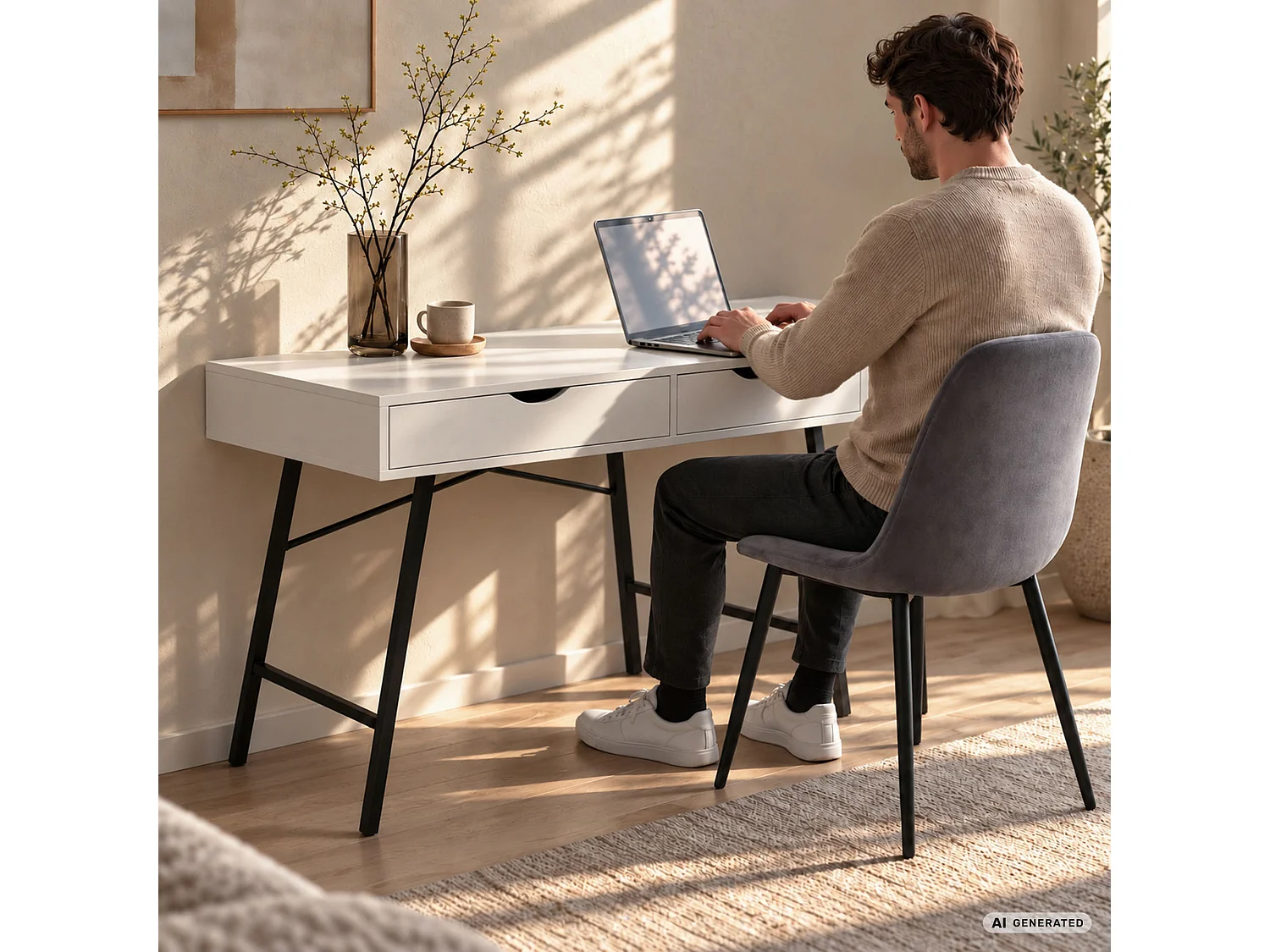 Scrivania per computer RAX bianca, 2 cassetti, gambe nere stile industriale, 100x48x80,5 cm
