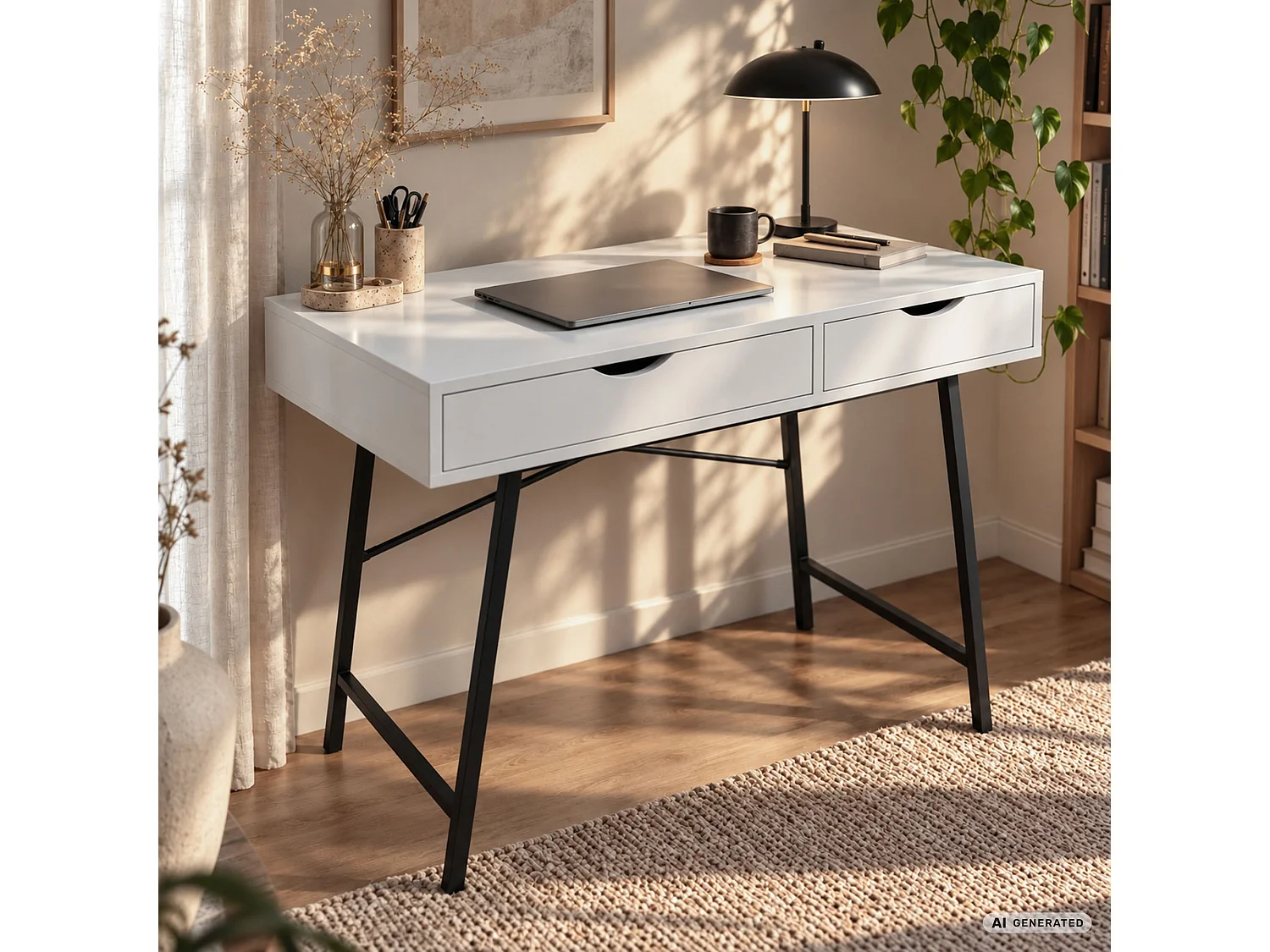 Scrivania per computer RAX bianca, 2 cassetti, gambe nere stile industriale, 100x48x80,5 cm