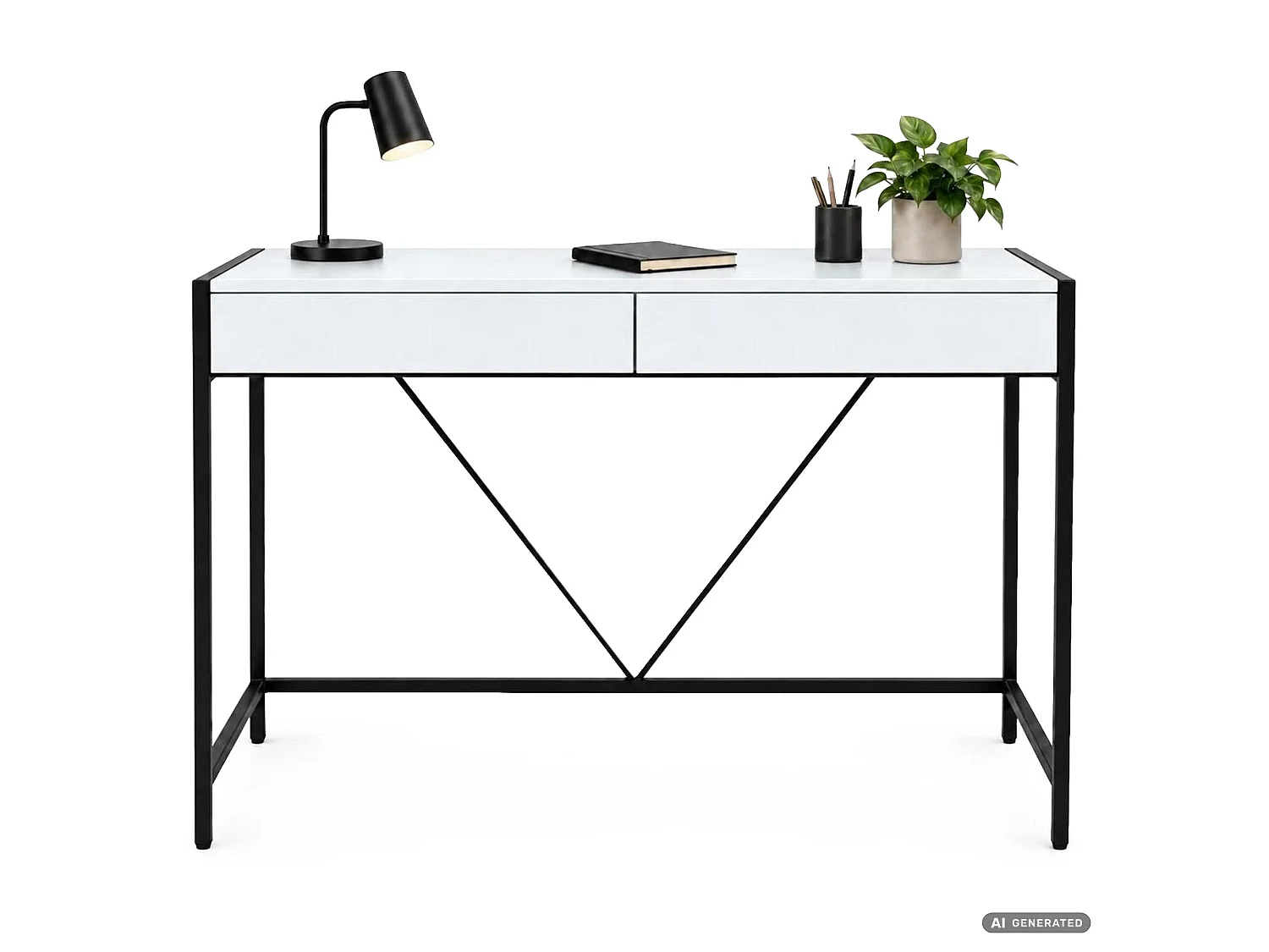 Scrivania per computer LOFT PURE bianca, 2 cassetti, gambe nere stile industriale, 124x50x80 cm