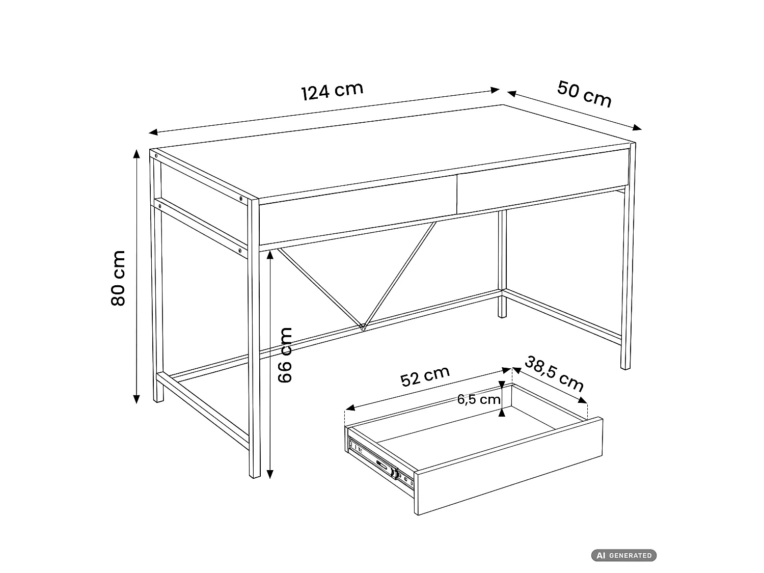Scrivania per computer LOFT PURE bianca, 2 cassetti, gambe nere stile industriale, 124x50x80 cm