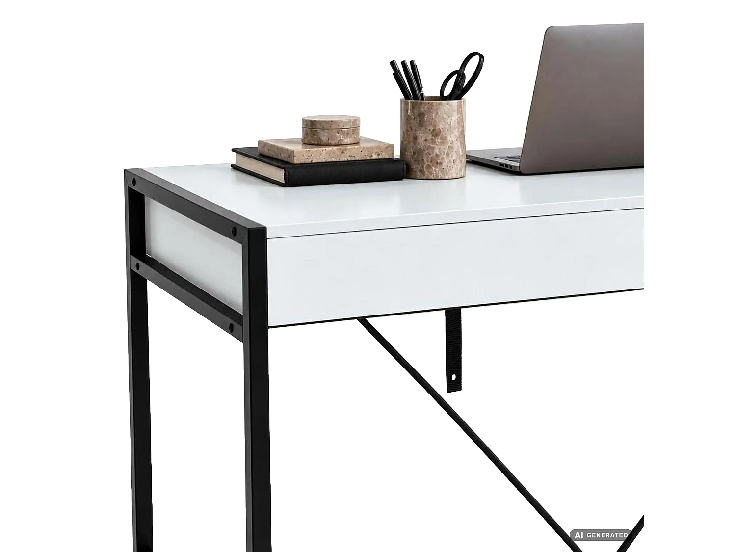 Scrivania per computer LOFT PURE bianca, 2 cassetti, gambe nere stile industriale, 124x50x80 cm