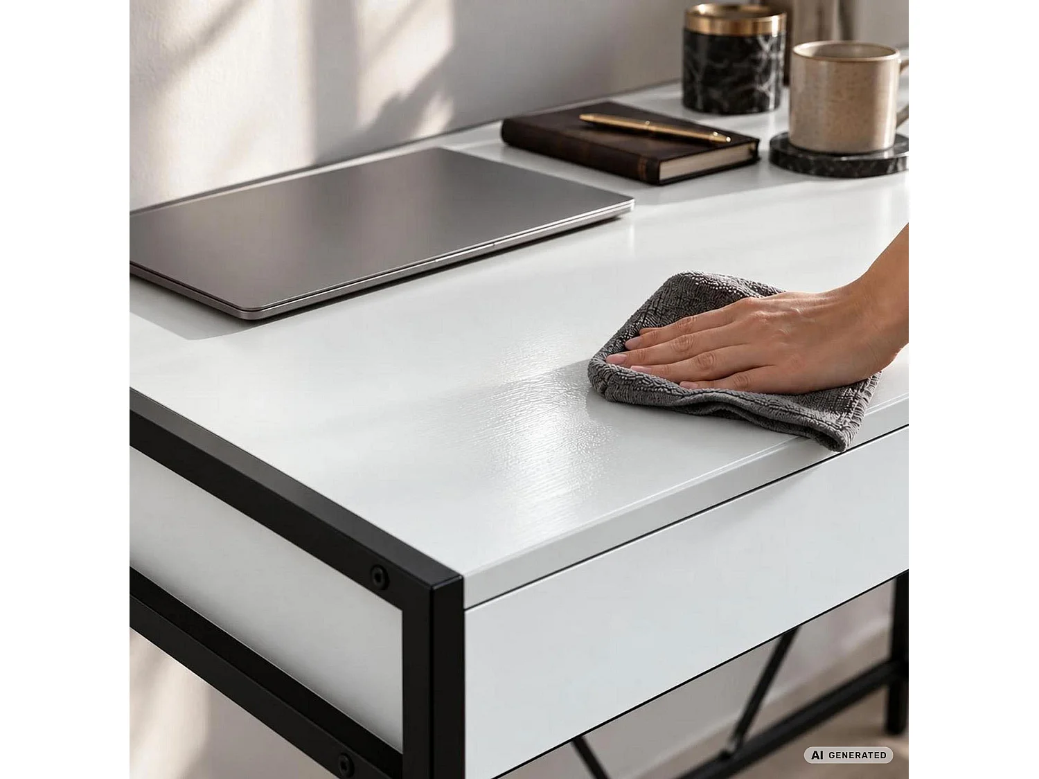 Scrivania per computer LOFT PURE bianca, 2 cassetti, gambe nere stile industriale, 124x50x80 cm
