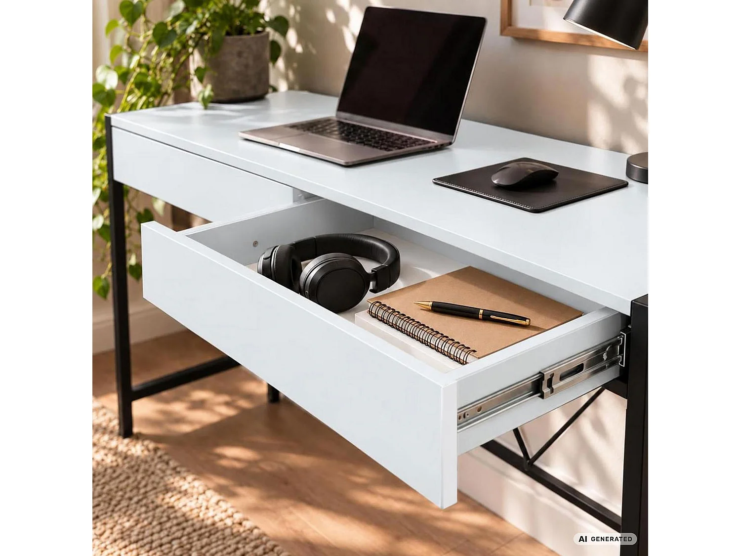 Scrivania per computer LOFT PURE bianca, 2 cassetti, gambe nere stile industriale, 124x50x80 cm