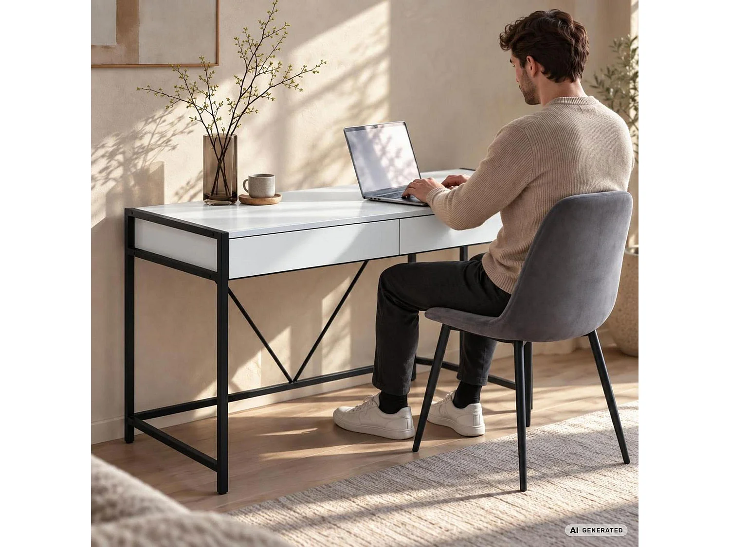 Scrivania per computer LOFT PURE bianca, 2 cassetti, gambe nere stile industriale, 124x50x80 cm