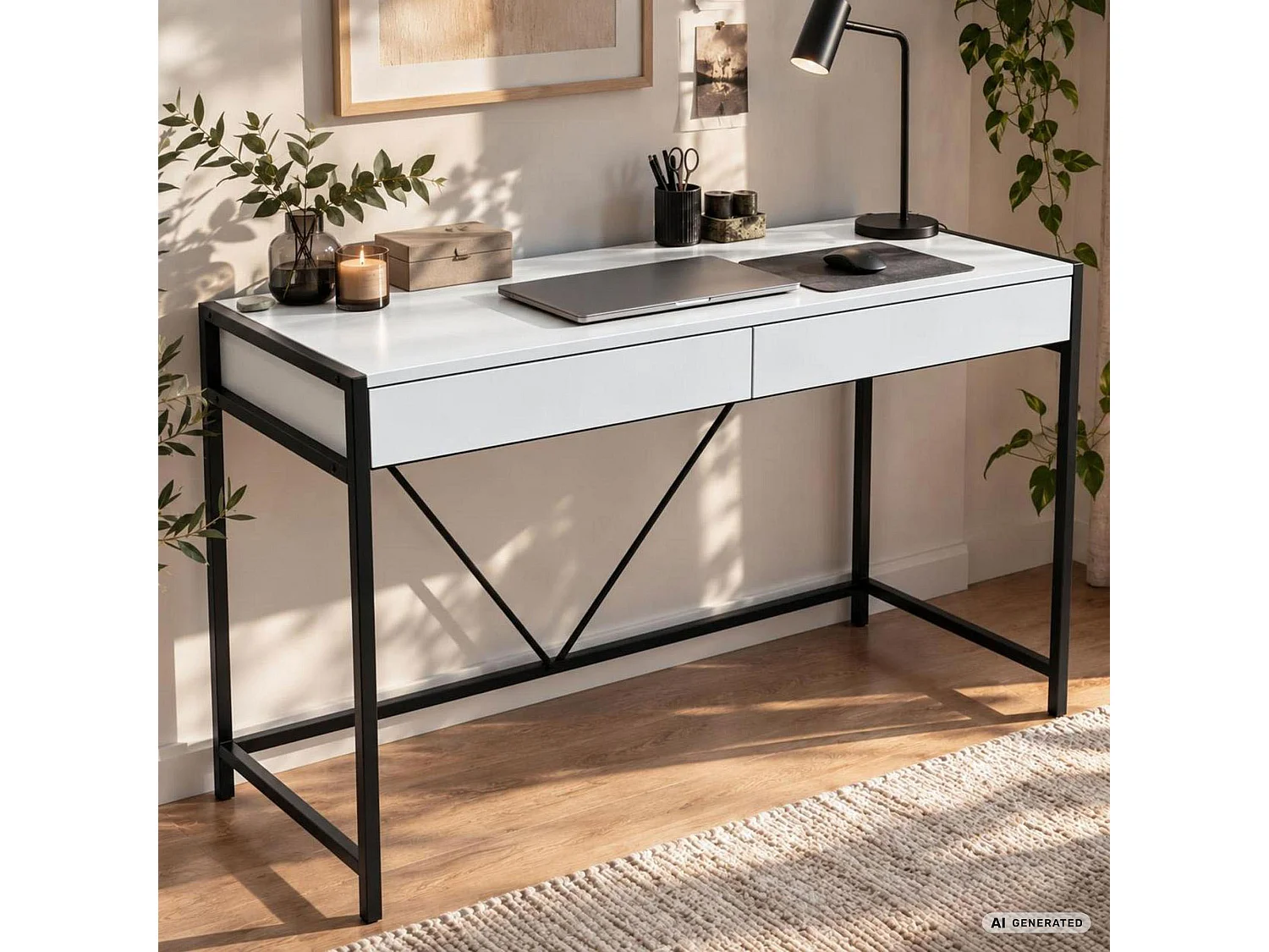 Scrivania per computer LOFT PURE bianca, 2 cassetti, gambe nere stile industriale, 124x50x80 cm