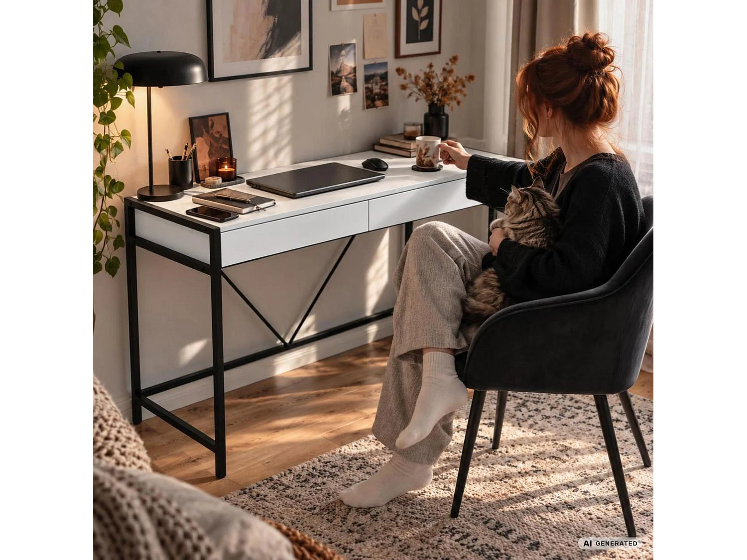 Scrivania per computer LOFT PURE bianca, 2 cassetti, gambe nere stile industriale, 124x50x80 cm