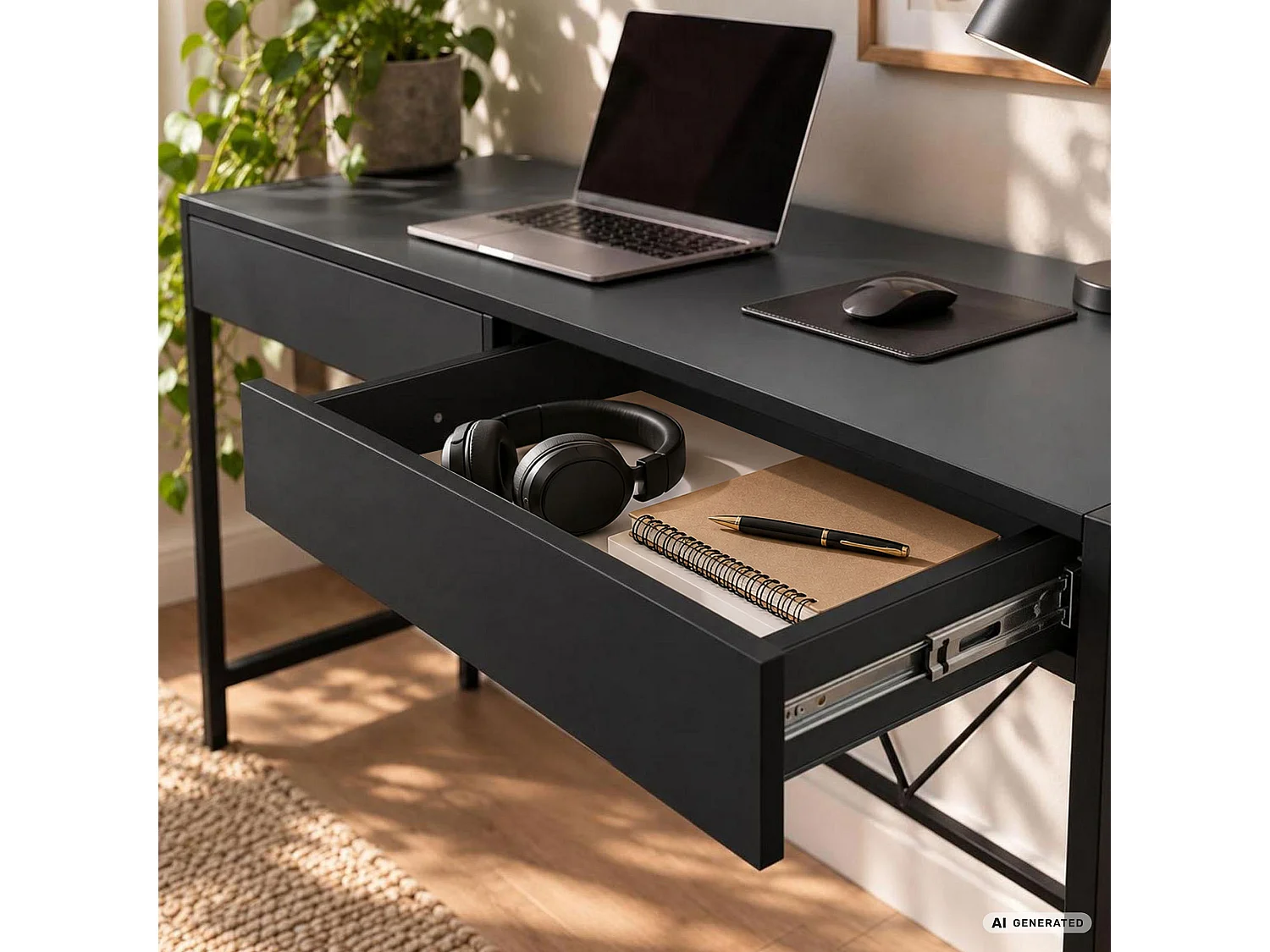 Scrivania per computer LOFT PURE nera, 2 cassetti, gambe nere stile industriale, 124x50x80 cm