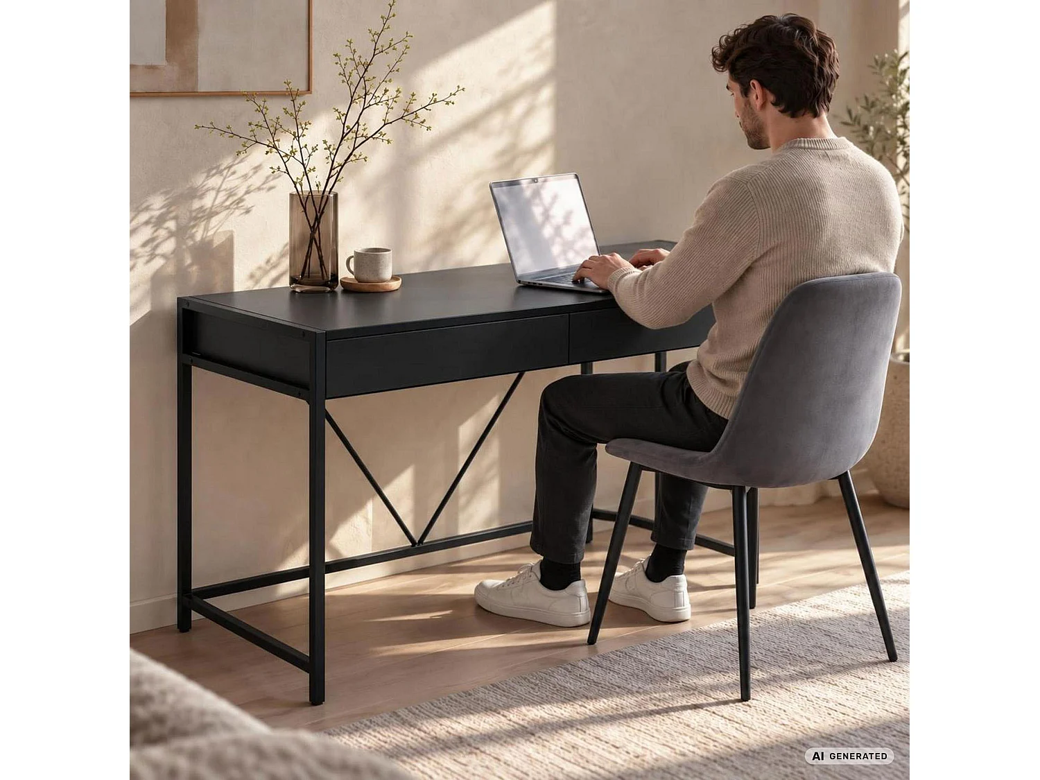 Scrivania per computer LOFT PURE nera, 2 cassetti, gambe nere stile industriale, 124x50x80 cm