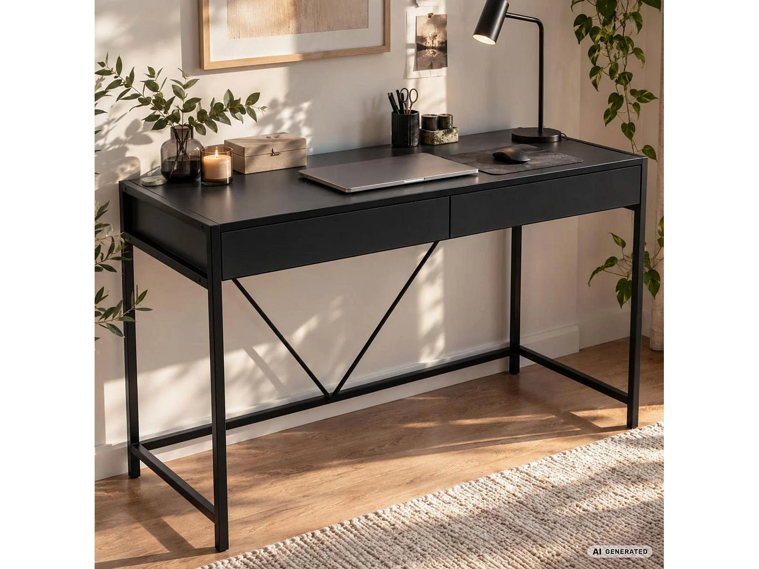 Scrivania per computer LOFT PURE nera, 2 cassetti, gambe nere stile industriale, 124x50x80 cm