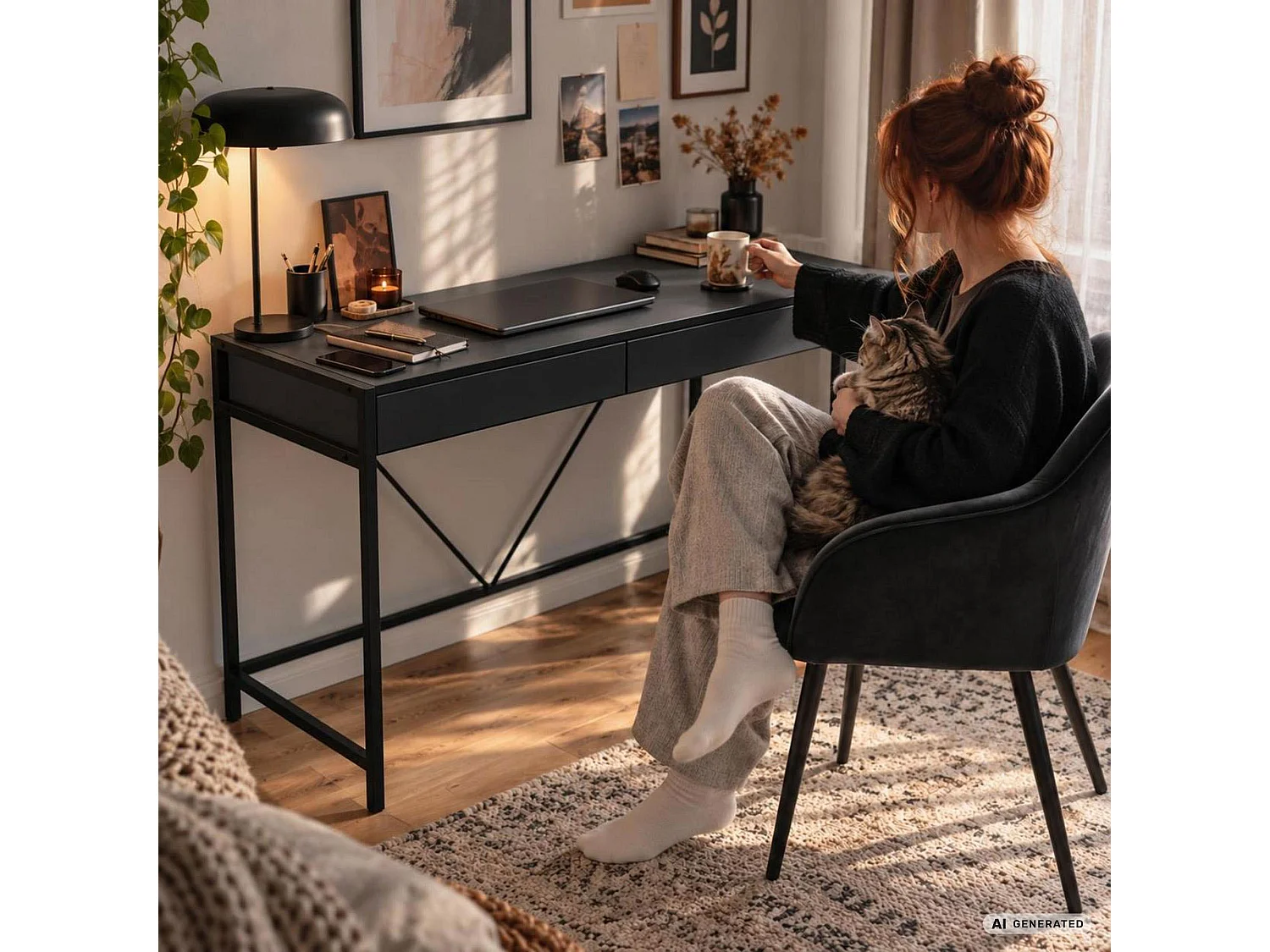 Scrivania per computer LOFT PURE nera, 2 cassetti, gambe nere stile industriale, 124x50x80 cm