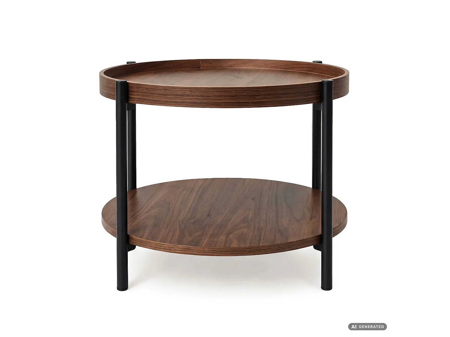 Mesa de centro RIVA efeito nogueira, redonda com prateleira, pernas pretas estilo industrial, 51x51x40 cm