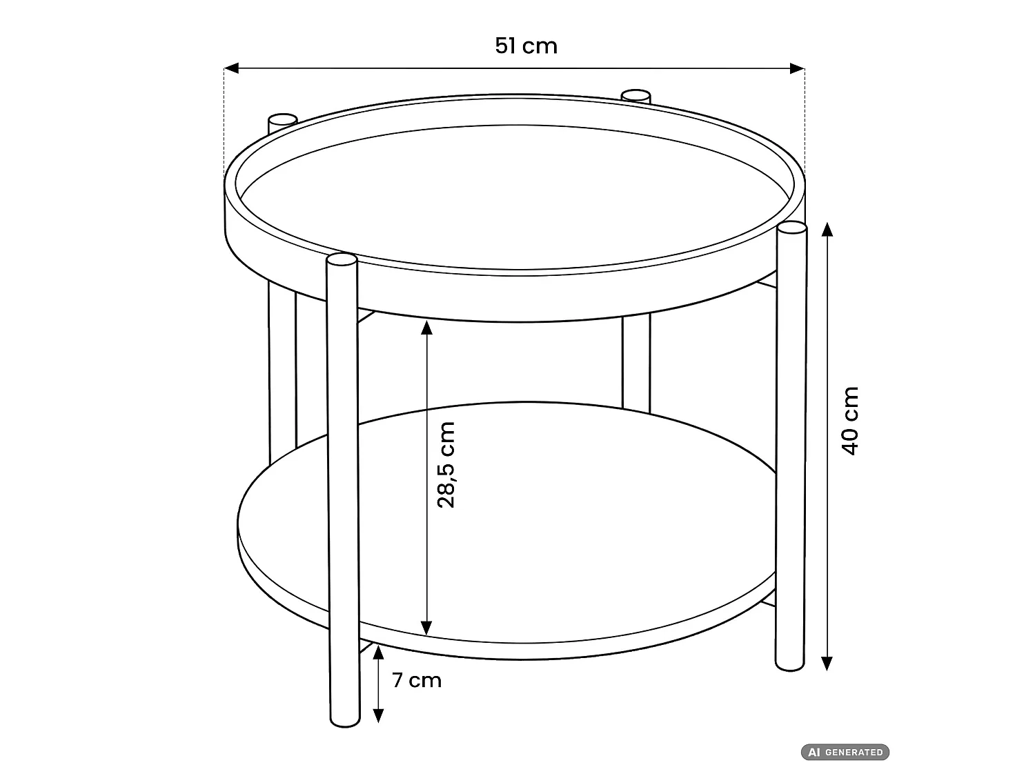 Mesa de centro RIVA efeito nogueira, redonda com prateleira, pernas pretas estilo industrial, 51x51x40 cm
