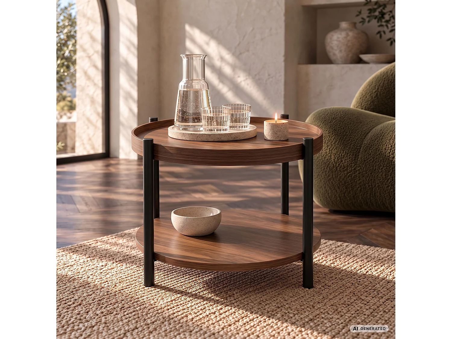 Mesa de centro RIVA efeito nogueira, redonda com prateleira, pernas pretas estilo industrial, 51x51x40 cm