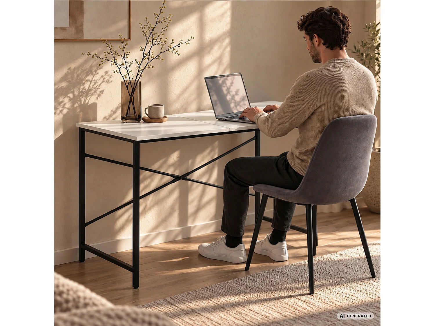 Scrivania per computer SIMPLE bianca, struttura nera stile industriale, 120x50x75 cm