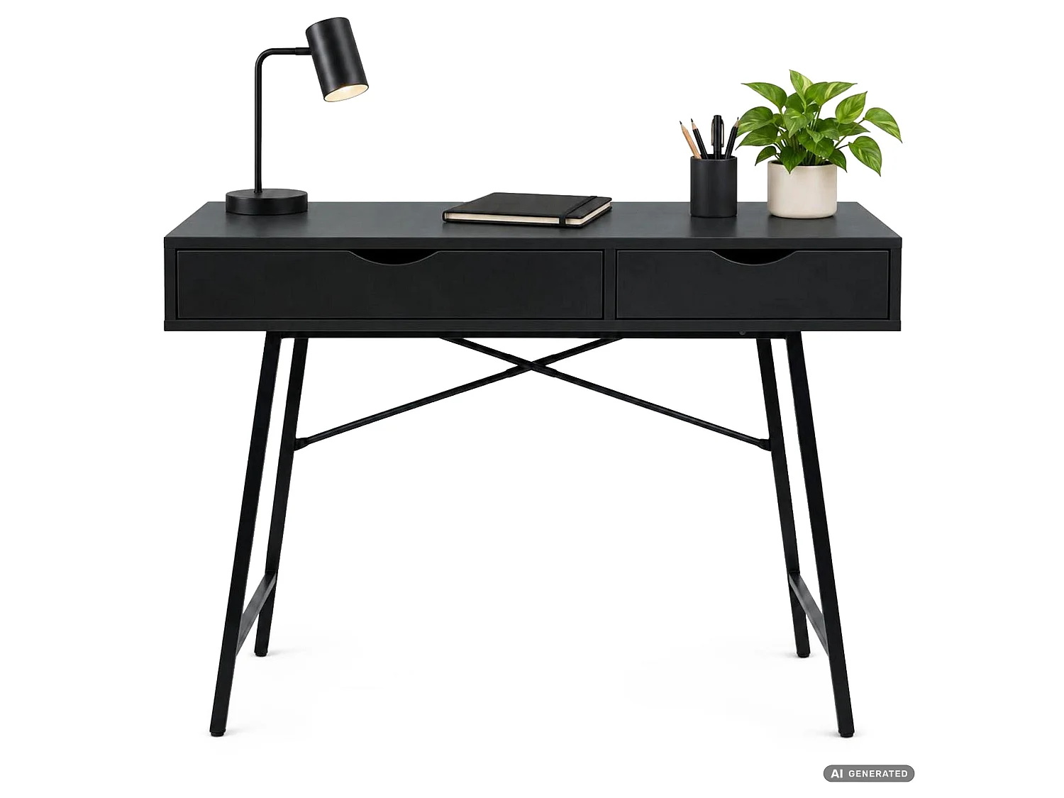Scrivania per computer RAX nera, 2 cassetti, gambe nere stile industriale, 100x48x80,5 cm