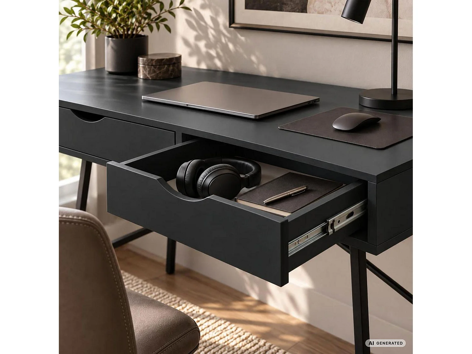 Scrivania per computer RAX nera, 2 cassetti, gambe nere stile industriale, 100x48x80,5 cm