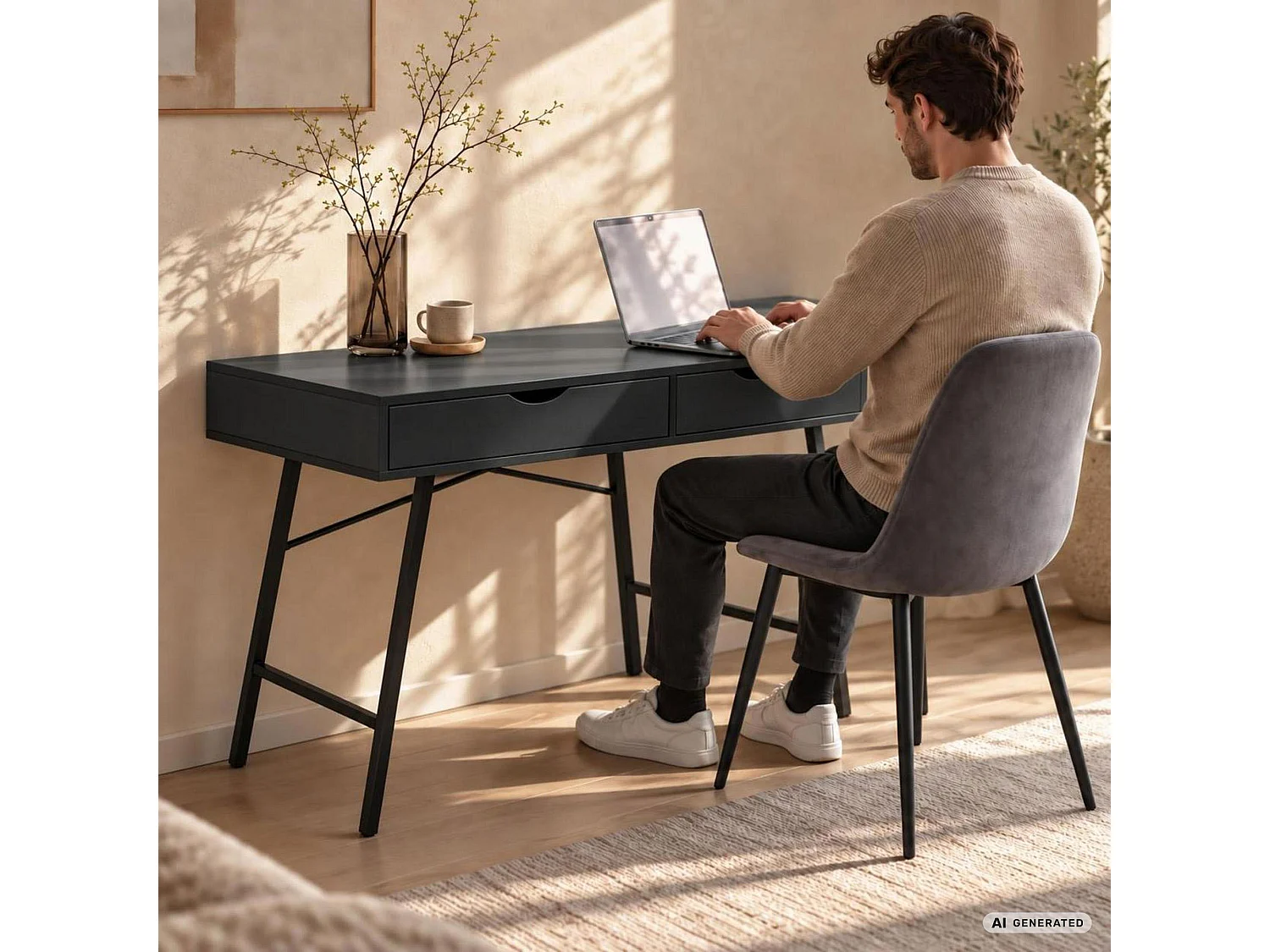 Scrivania per computer RAX nera, 2 cassetti, gambe nere stile industriale, 100x48x80,5 cm