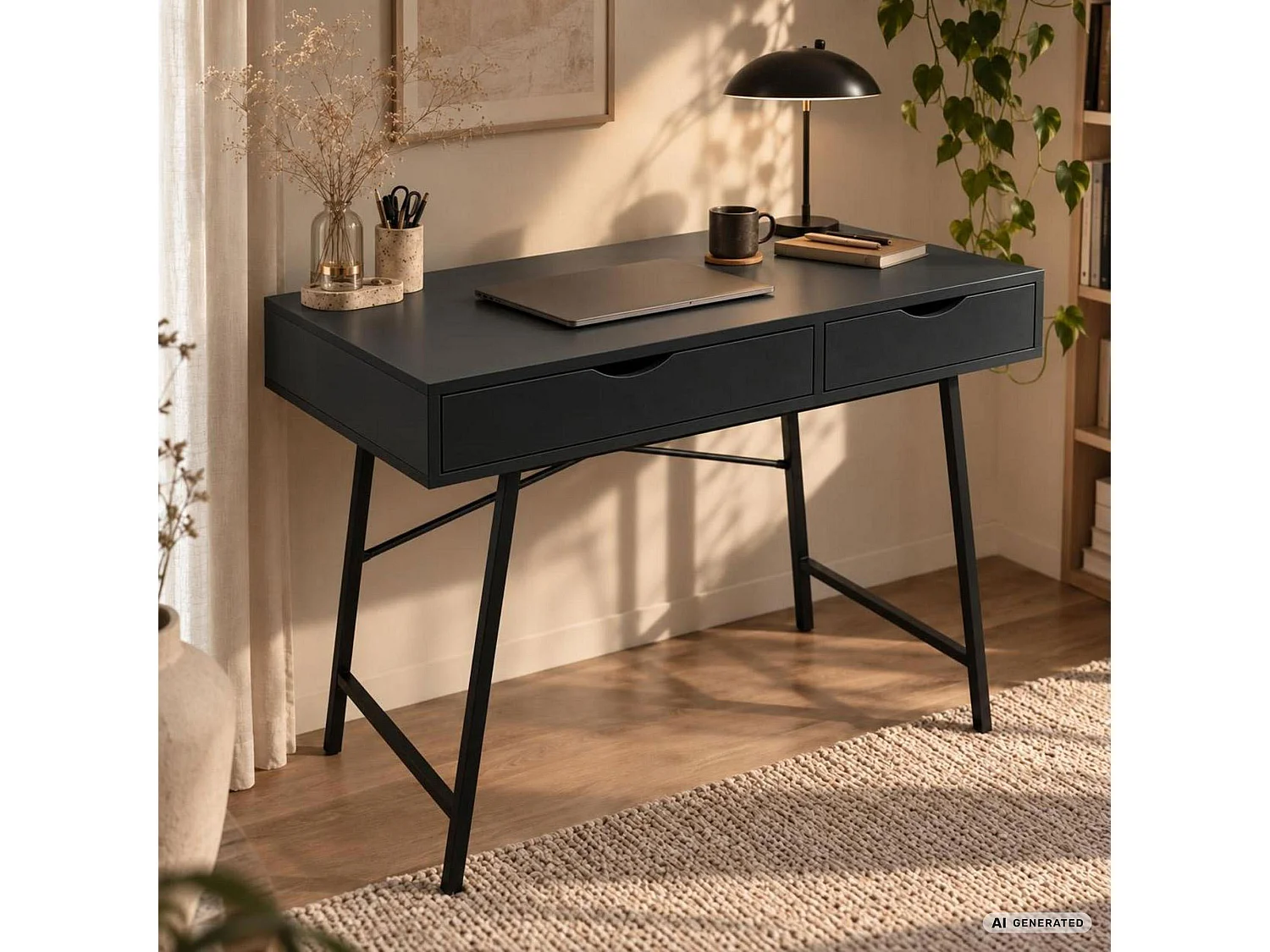 Scrivania per computer RAX nera, 2 cassetti, gambe nere stile industriale, 100x48x80,5 cm