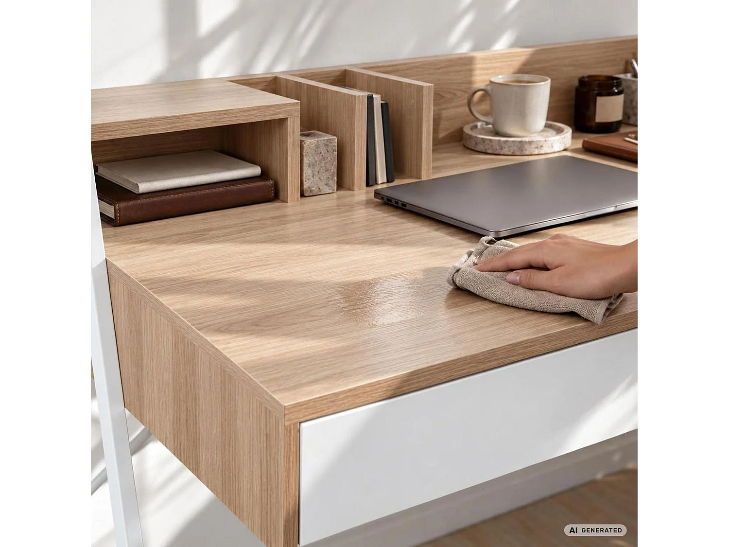 Biurko komputerowe ORIX Dąb Sonoma 124 cm 2 szuflady 1 półka białe nogi styl industrialny 124x48x91,5 cm