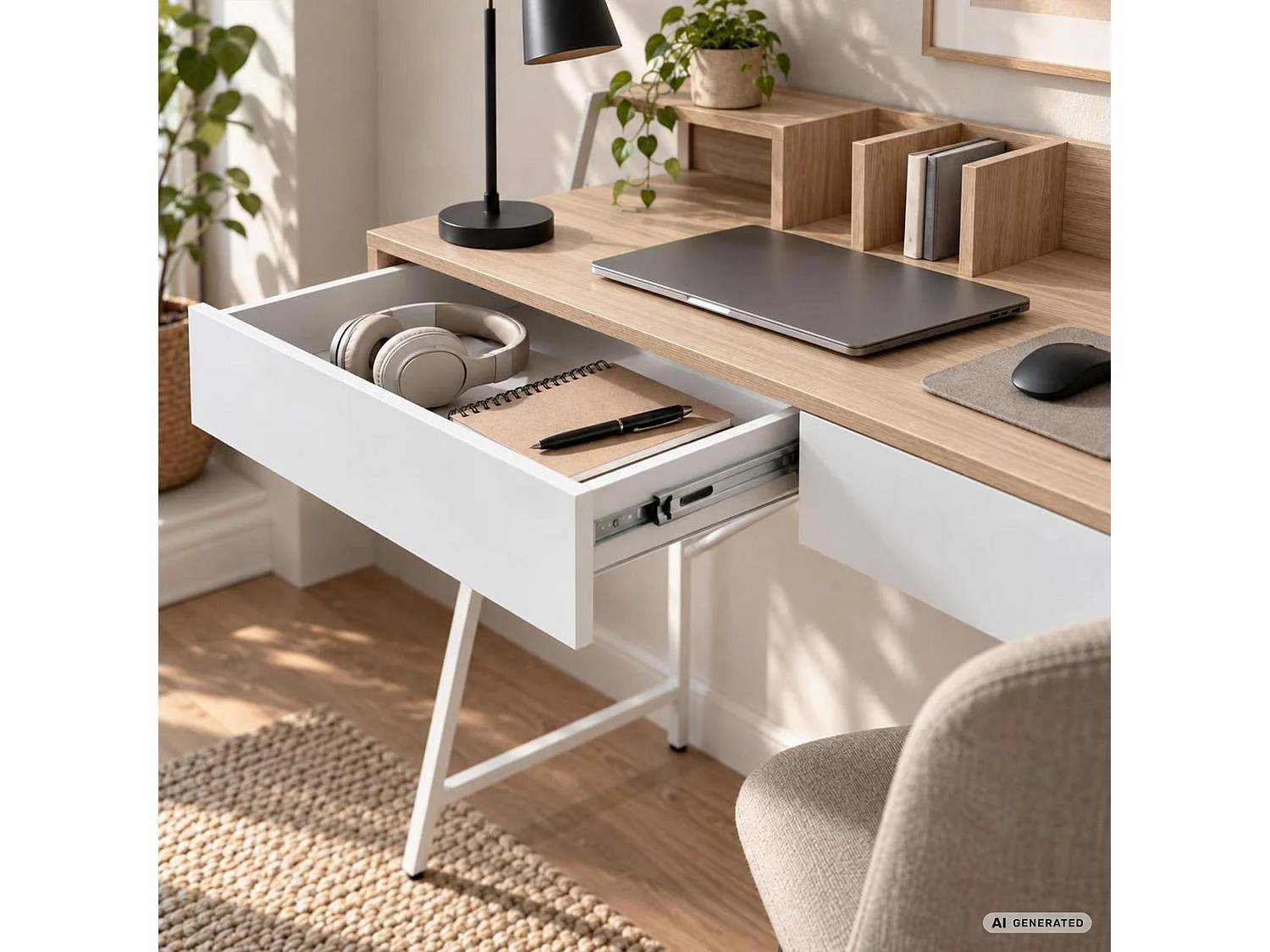 Biurko komputerowe ORIX Dąb Sonoma 124 cm 2 szuflady 1 półka białe nogi styl industrialny 124x48x91,5 cm
