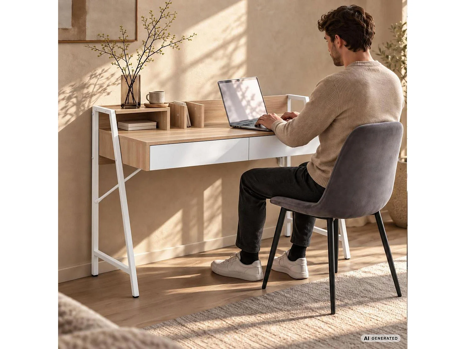 Biurko komputerowe ORIX Dąb Sonoma 124 cm 2 szuflady 1 półka białe nogi styl industrialny 124x48x91,5 cm