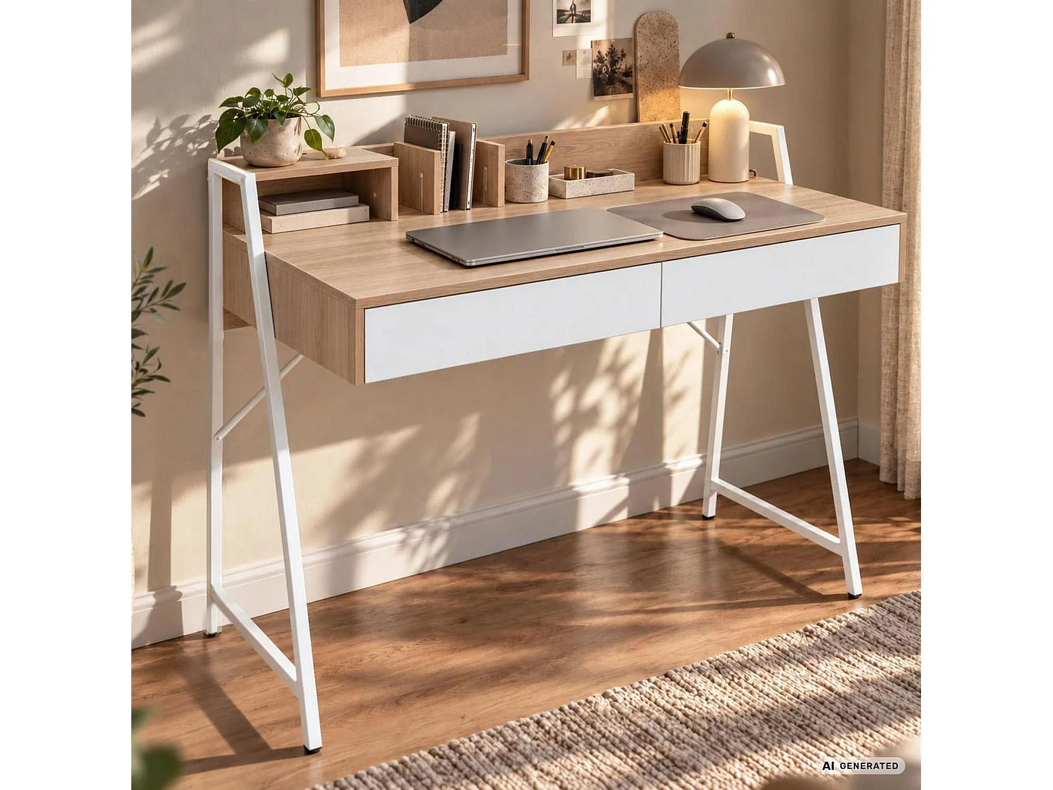 Biurko komputerowe ORIX Dąb Sonoma 124 cm 2 szuflady 1 półka białe nogi styl industrialny 124x48x91,5 cm