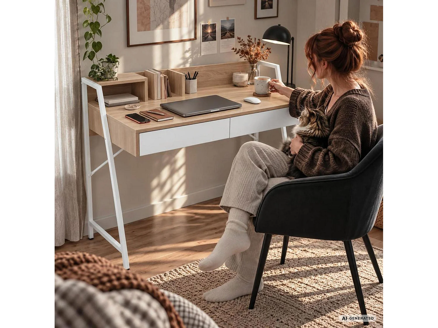 Biurko komputerowe ORIX Dąb Sonoma 124 cm 2 szuflady 1 półka białe nogi styl industrialny 124x48x91,5 cm