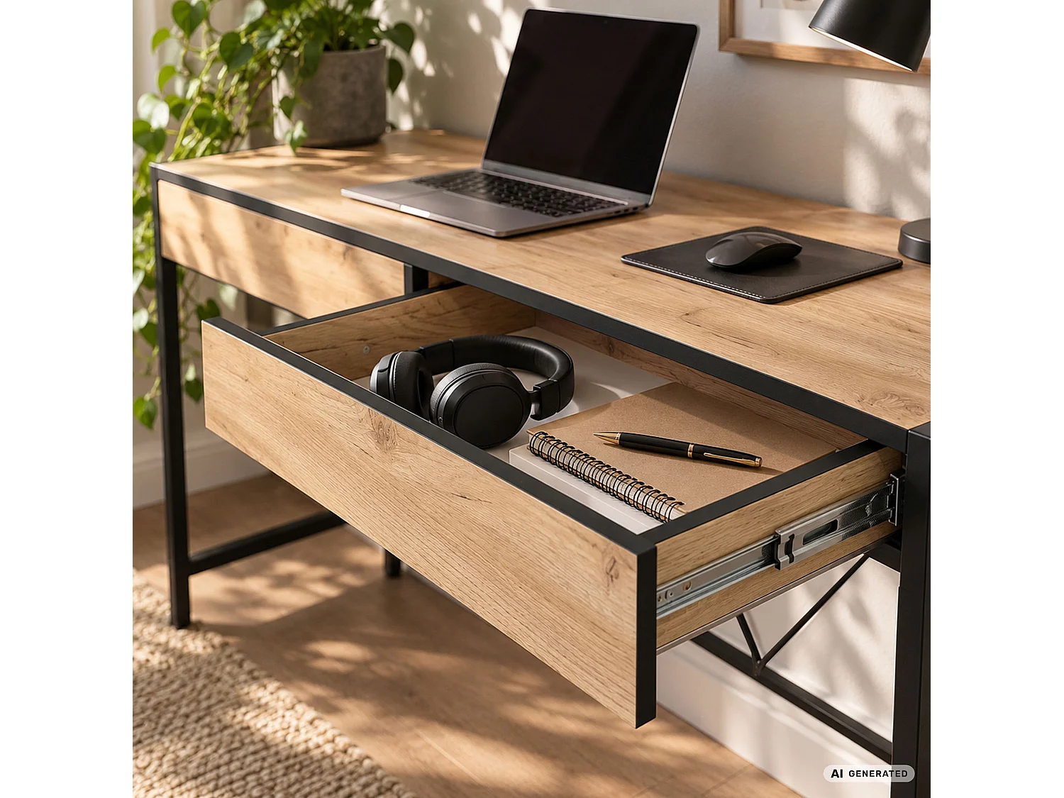 Biurko komputerowe LOFT PURE Dąb Craft 124 cm 2 szuflady czarne nogi styl industrialny 124x50x80 cm
