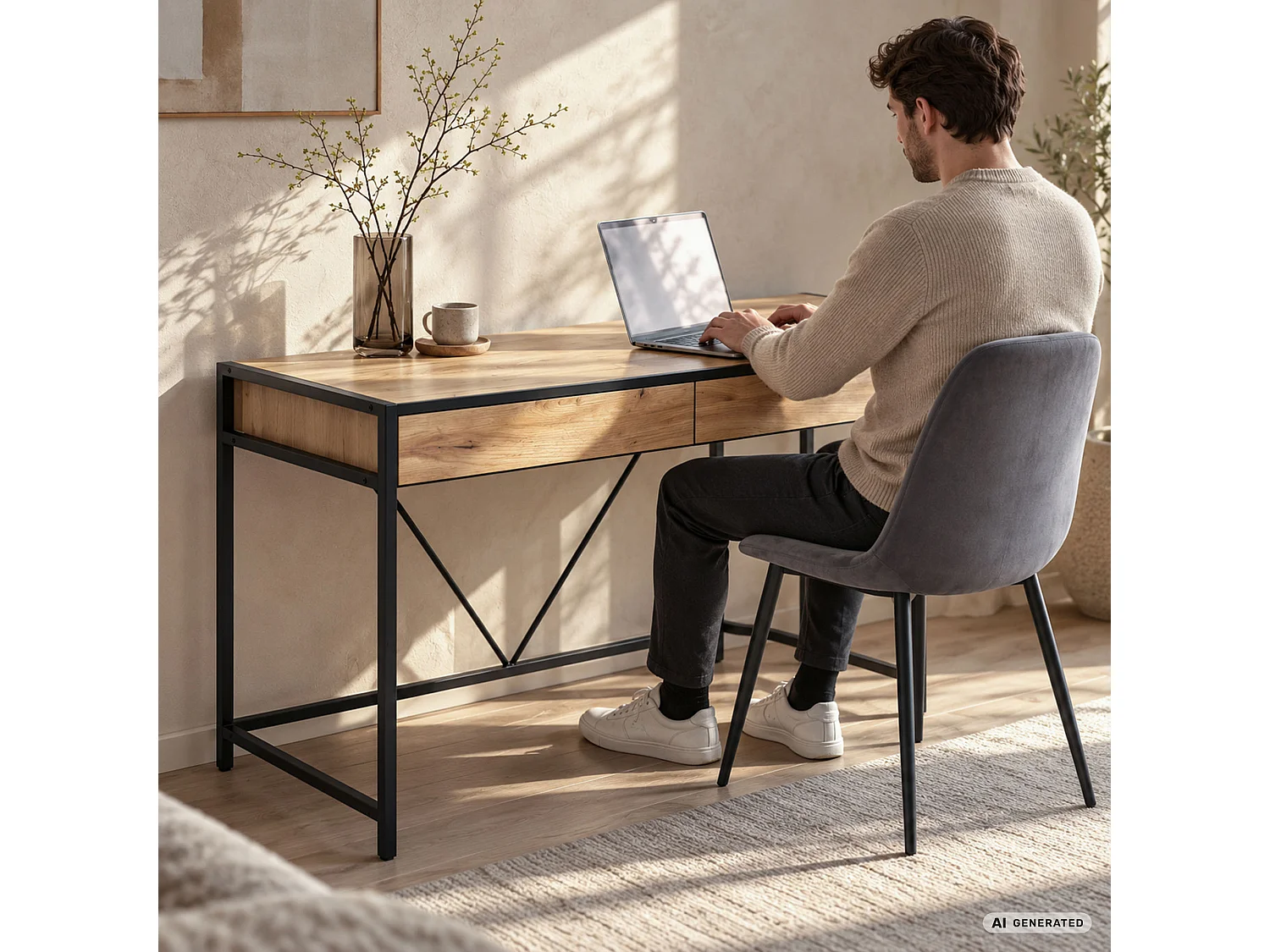 Biurko komputerowe LOFT PURE Dąb Craft 124 cm 2 szuflady czarne nogi styl industrialny 124x50x80 cm