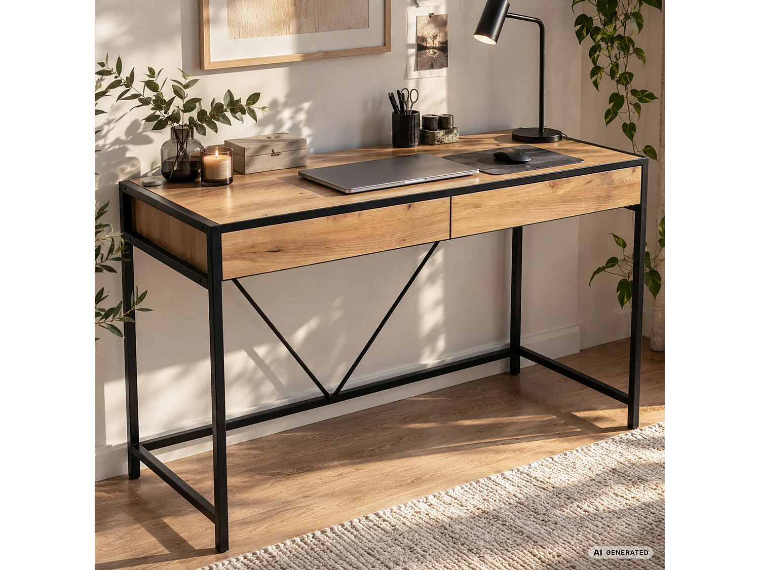 Biurko komputerowe LOFT PURE Dąb Craft 124 cm 2 szuflady czarne nogi styl industrialny 124x50x80 cm