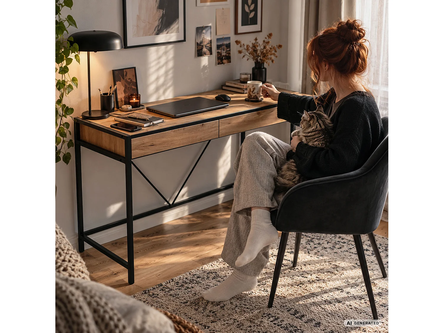 Biurko komputerowe LOFT PURE Dąb Craft 124 cm 2 szuflady czarne nogi styl industrialny 124x50x80 cm