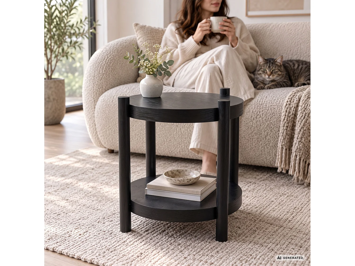 Salontafel TERRA, Zwart, Rond, Plank, 44,5 x 44,5 x 48 cm