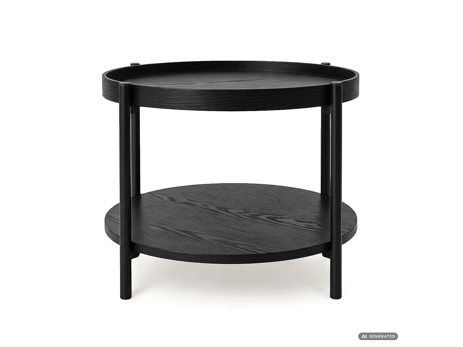 Mesa de centro RIVA preta, redonda com prateleira, pernas pretas estilo industrial, 51x51x40 cm