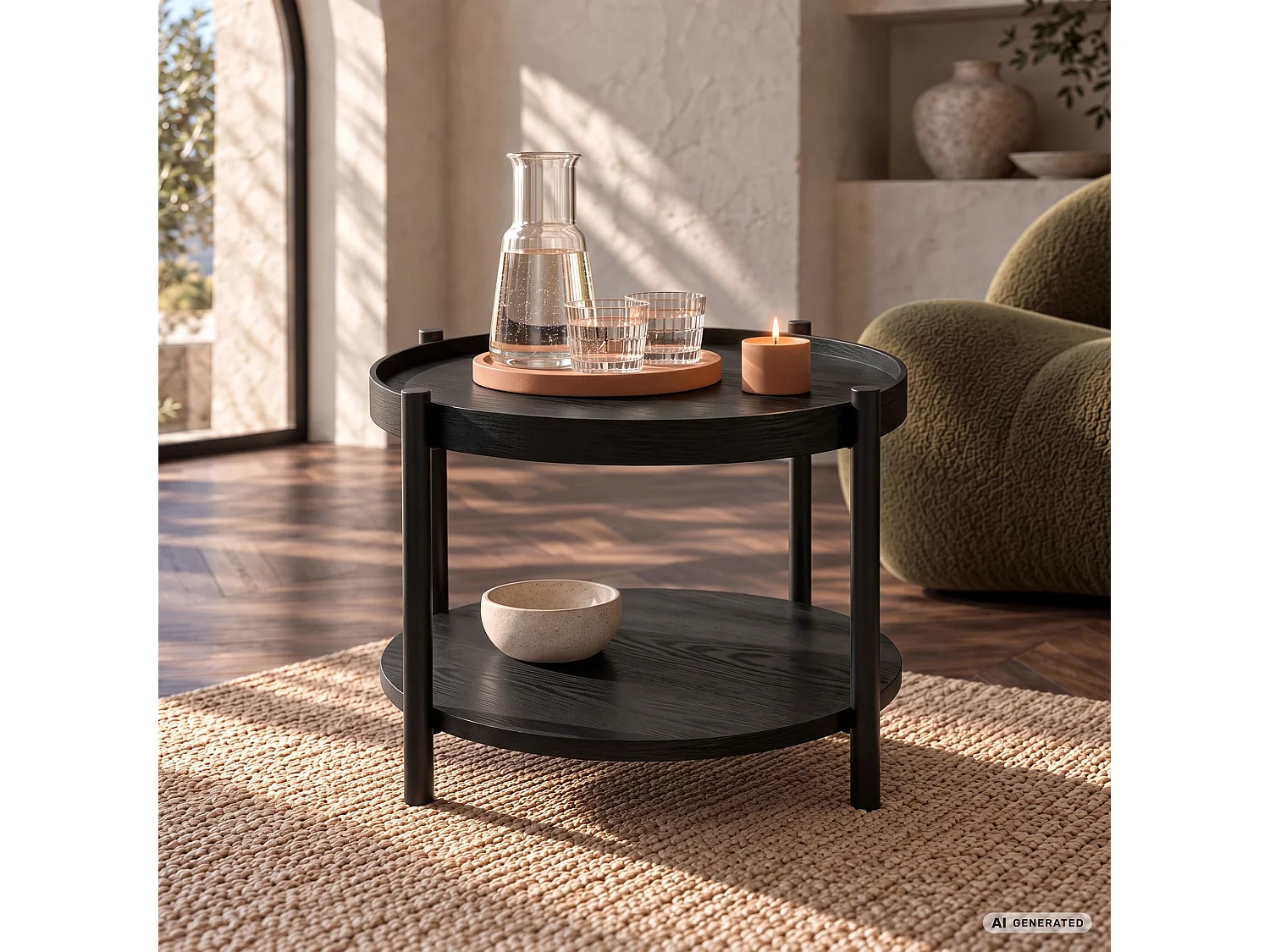 Mesa de centro RIVA preta, redonda com prateleira, pernas pretas estilo industrial, 51x51x40 cm