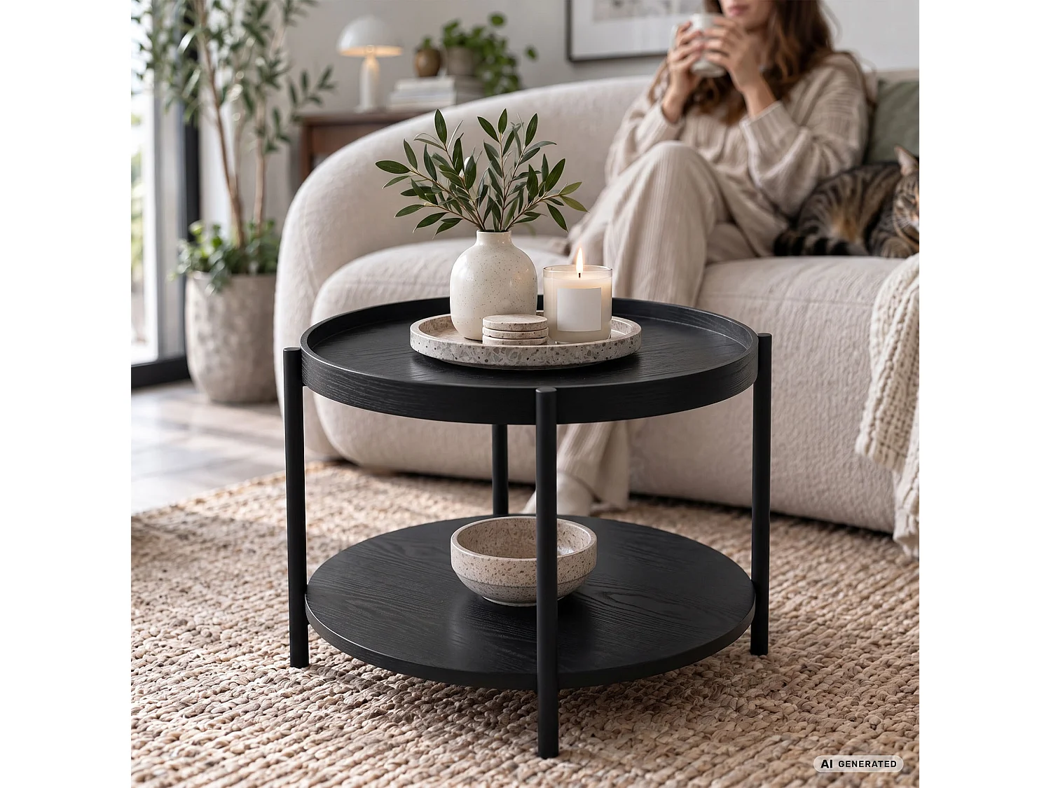 Mesa de centro RIVA preta, redonda com prateleira, pernas pretas estilo industrial, 51x51x40 cm