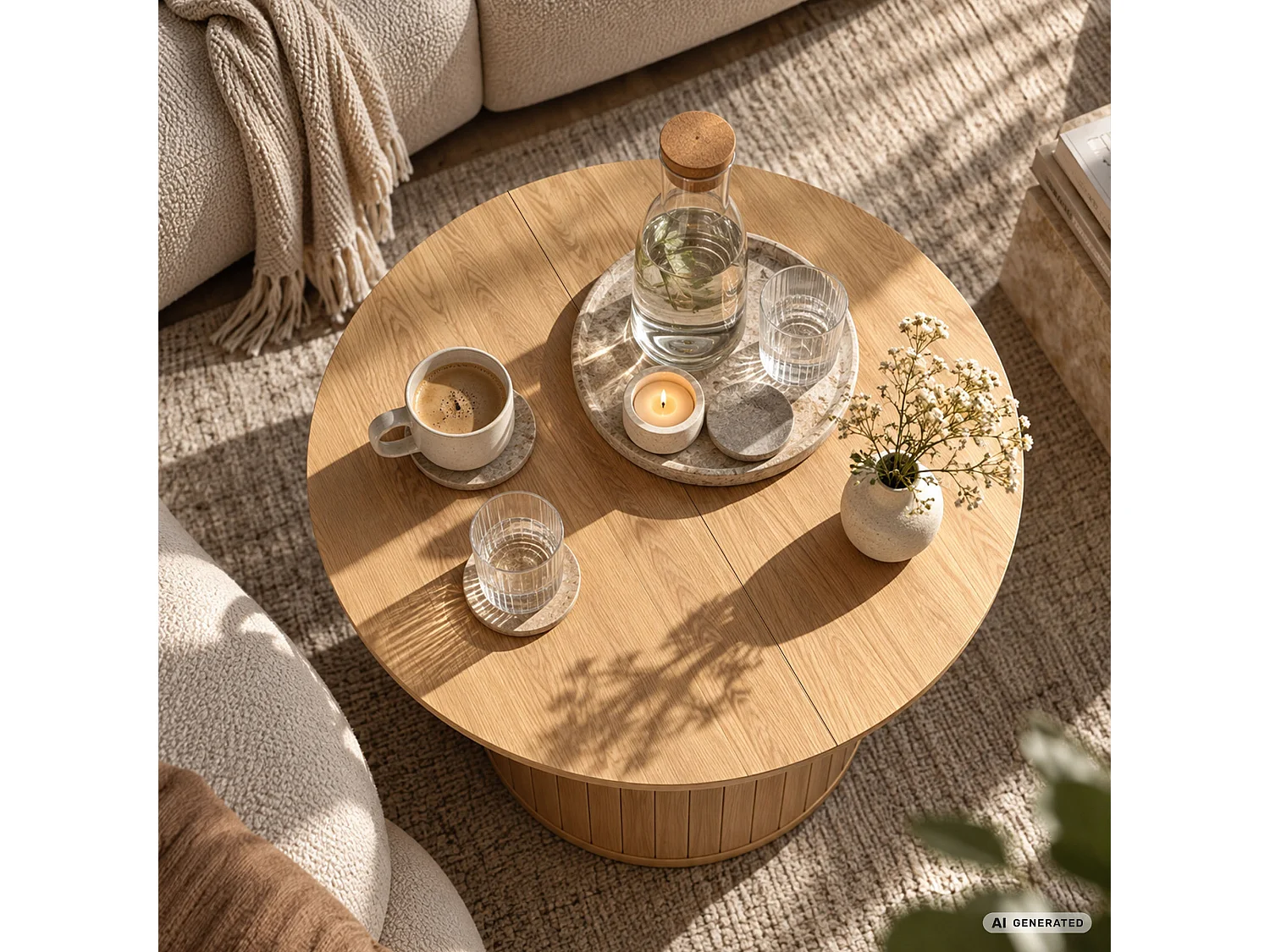 Stolik kawowy NUBO Naturalne Drewno 80 cm okrągły ryflowany 80x80x45 cm